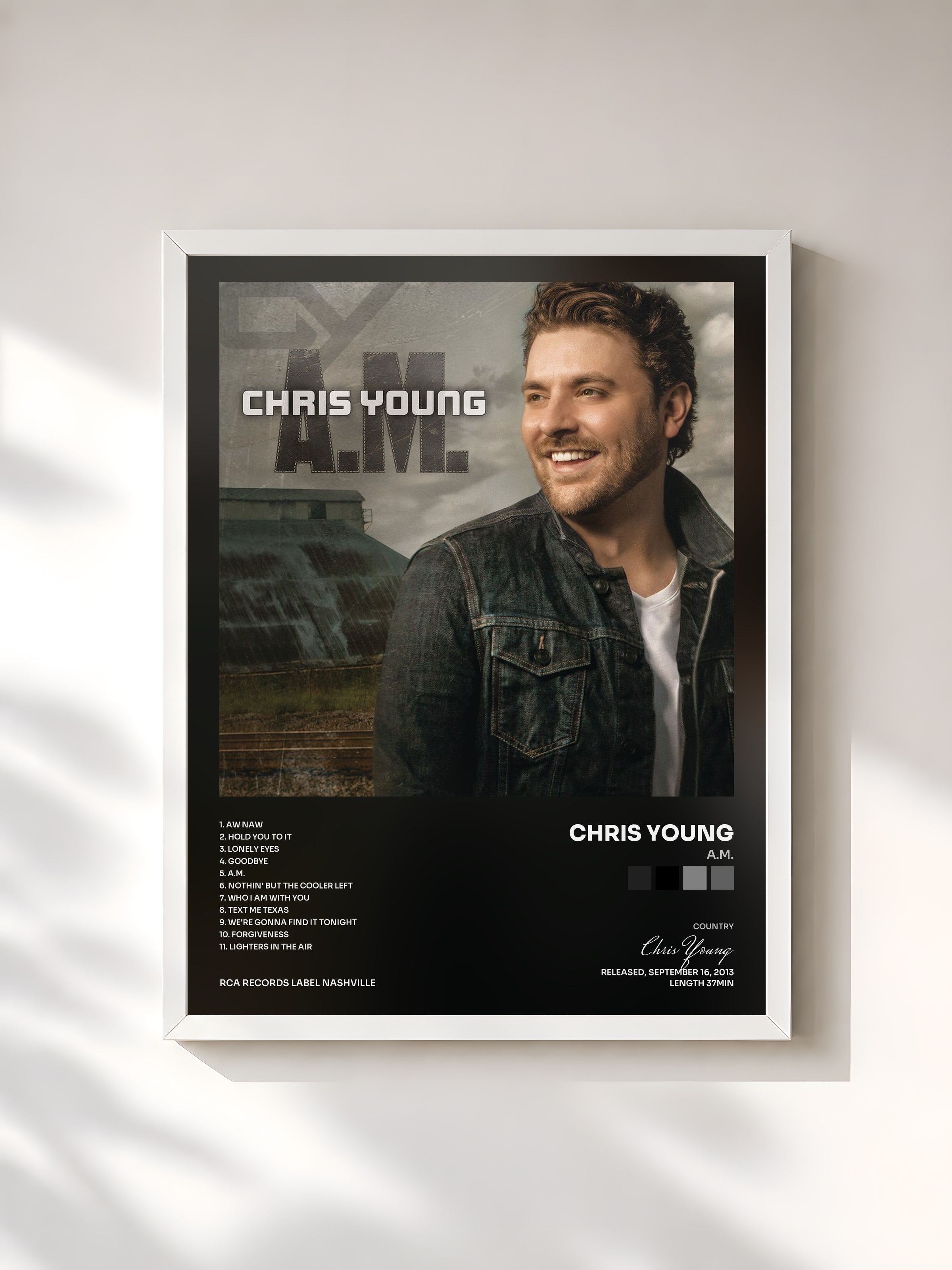 #blanc Tableau de l'album A.M. de Chris Young, cadre blanc, imprimé et encadré en France