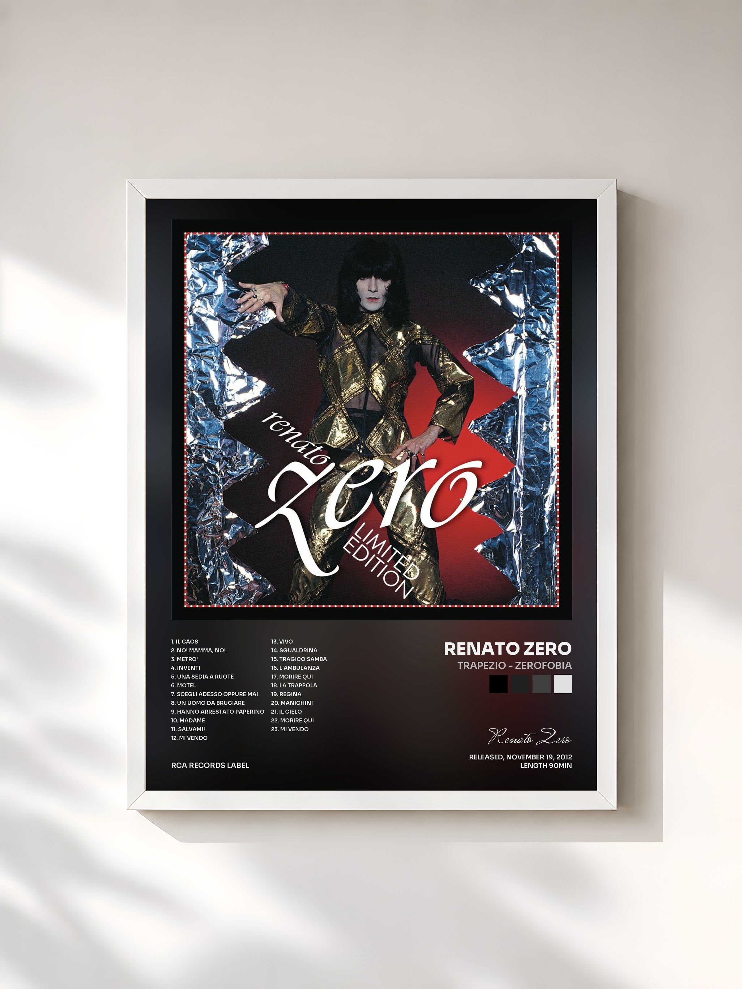 #blanc Tableau de l'album Trapezio - Zerofobia de Renato Zero, cadre blanc, imprimé et encadré en France