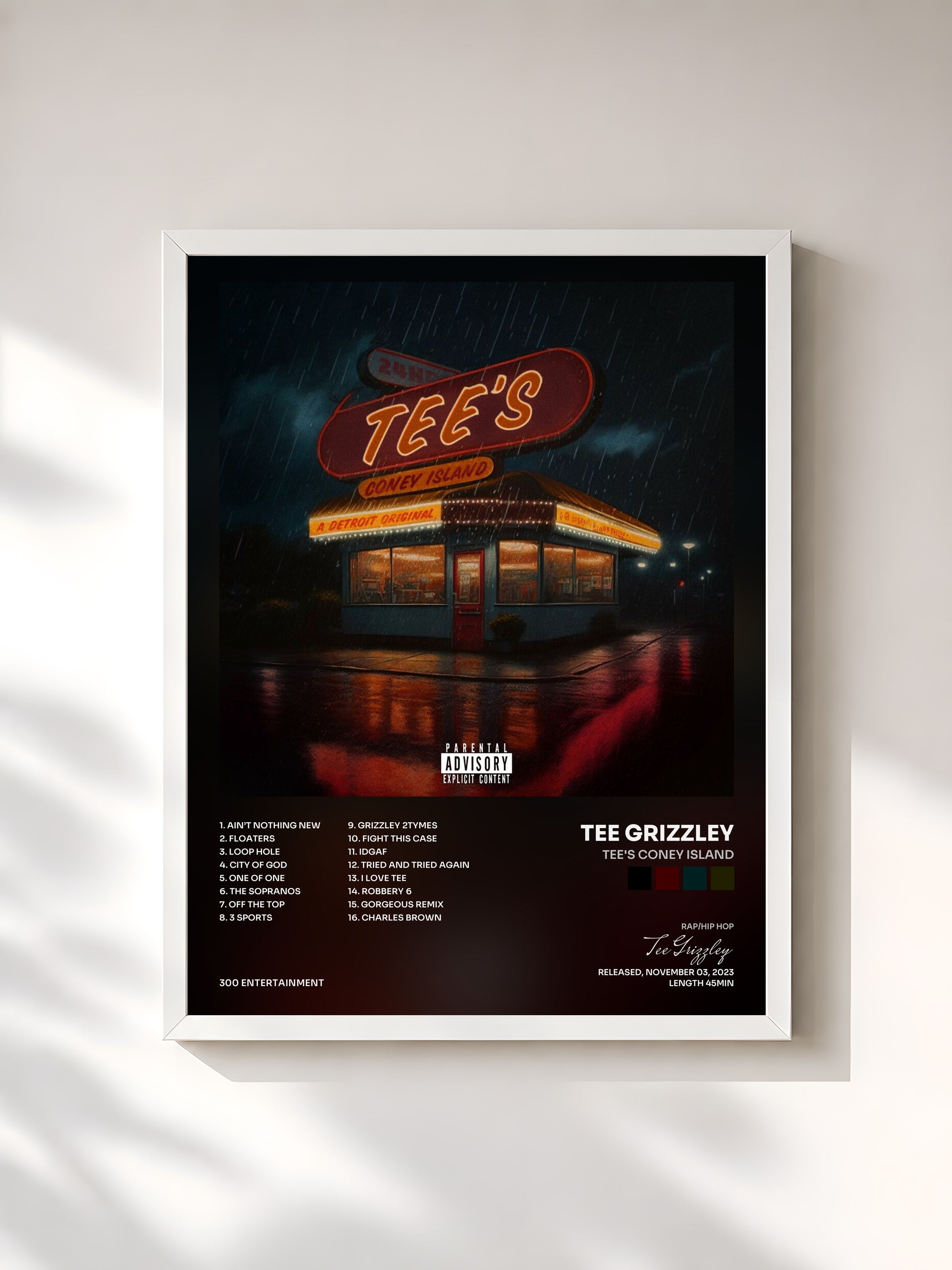 #blanc Tableau de l'album Tee's Coney Island de Tee Grizzley, cadre blanc, imprimé et encadré en France