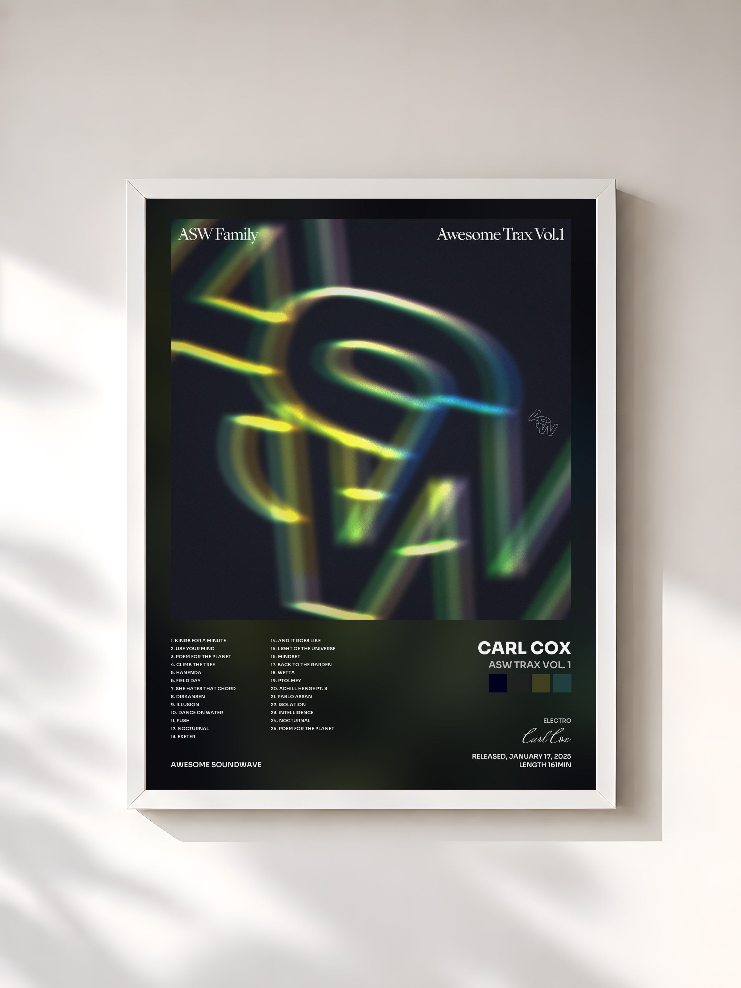 #blanc Tableau de l'album ASW Trax Vol. 1 de Carl Cox, cadre blanc, imprimé et encadré en France