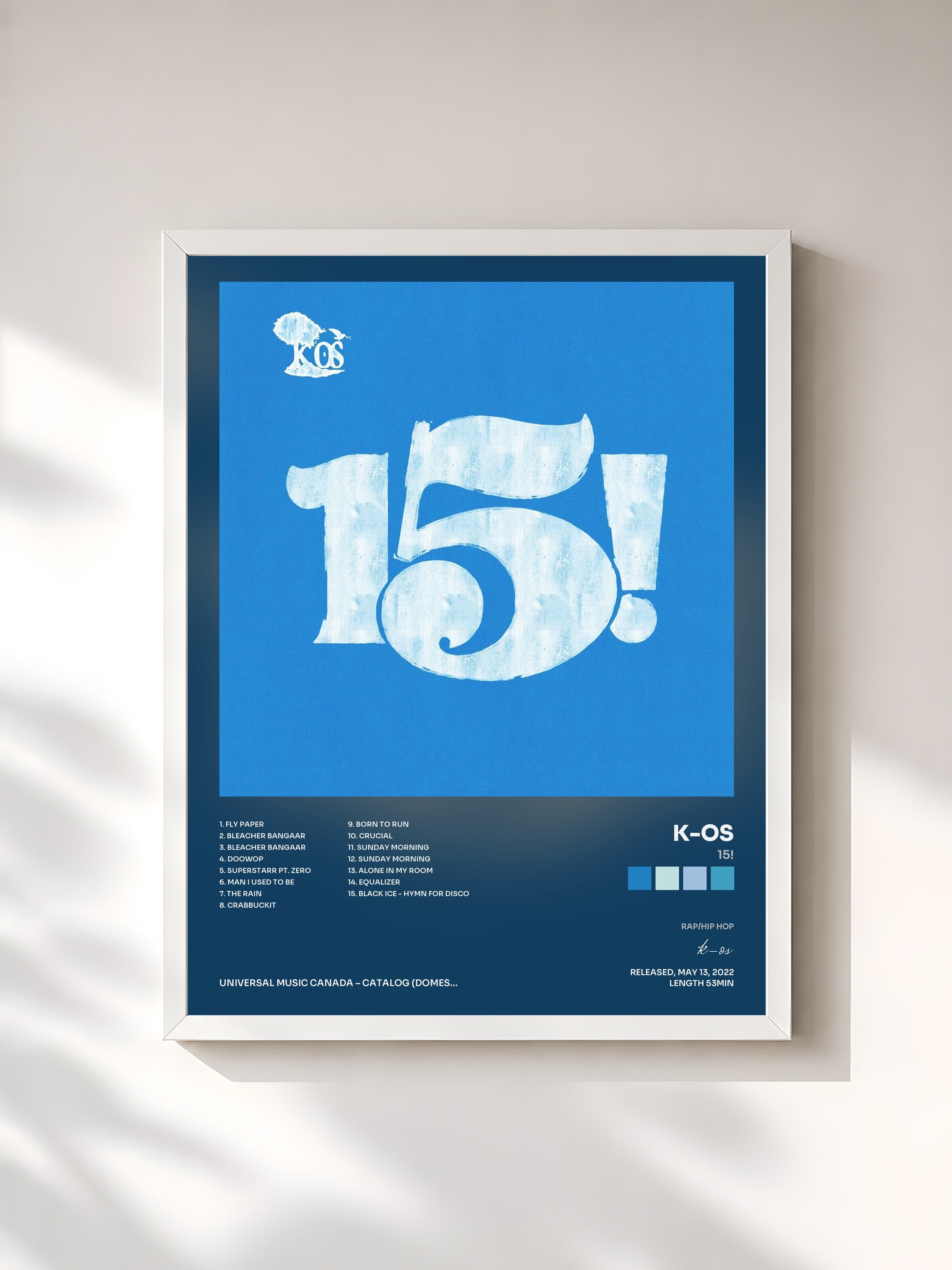 #blanc Tableau de l'album 15! de k-os, cadre blanc, imprimé et encadré en France