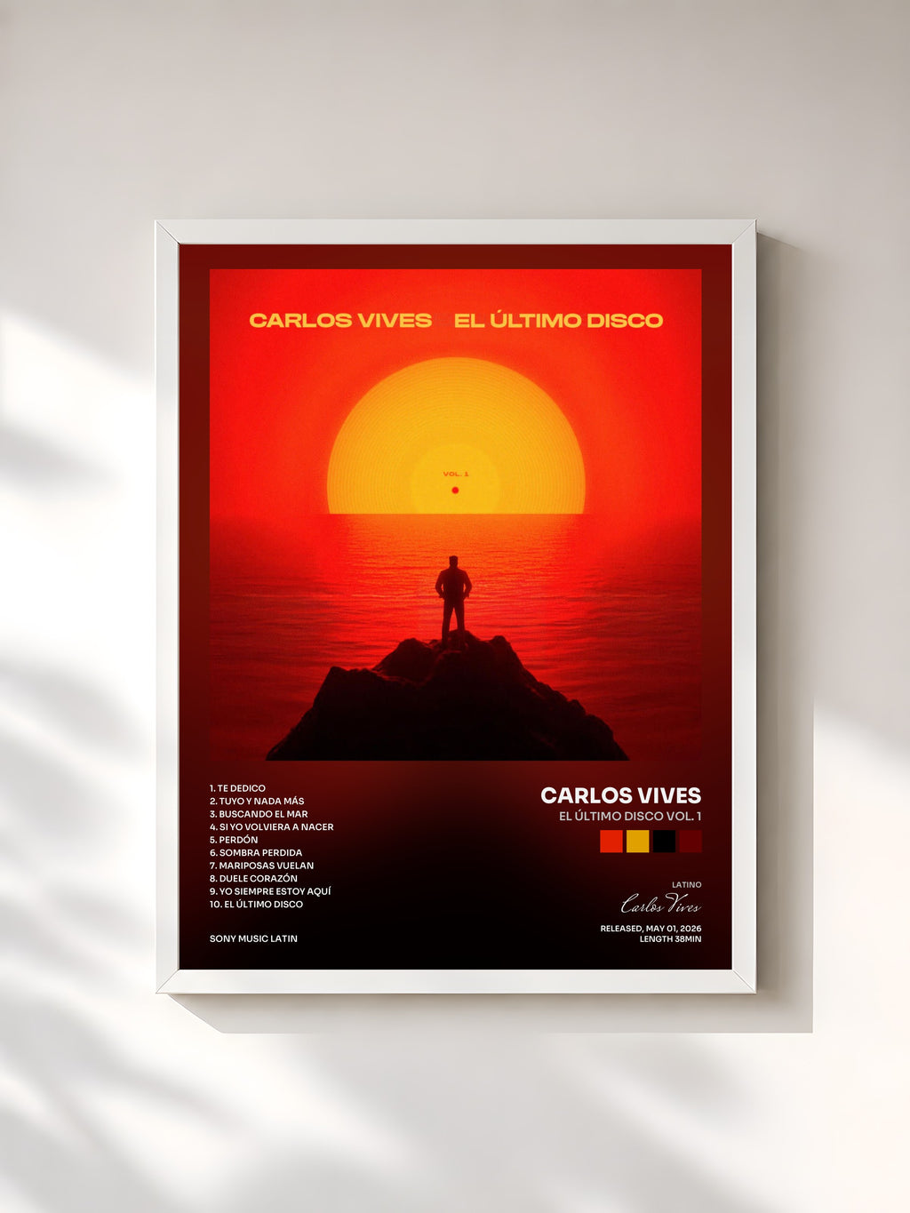#blanc Tableau de l'album El Último Disco Vol. 1 de Carlos Vives, cadre blanc, imprimé et encadré en France