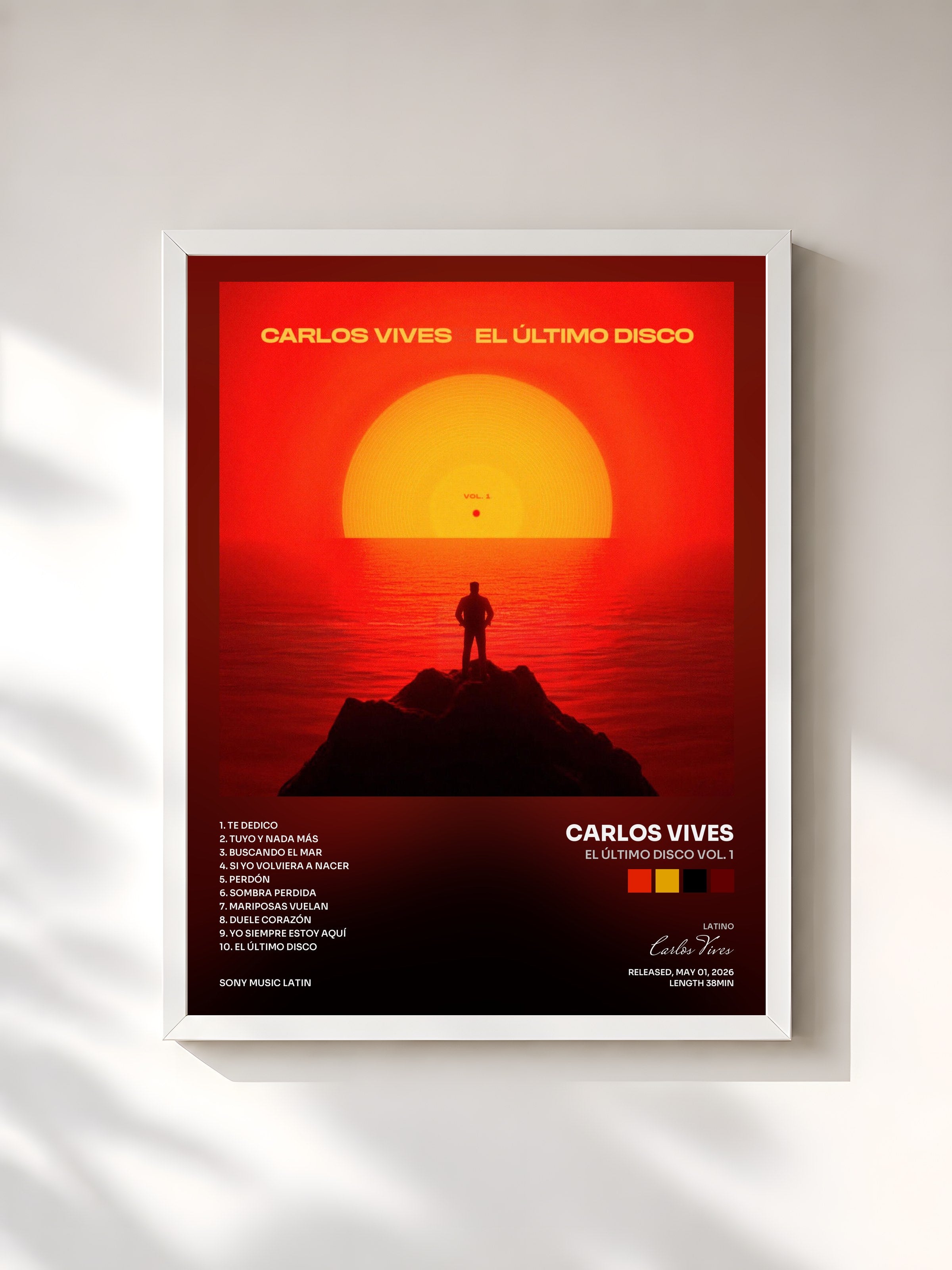 #blanc Tableau de l'album El Último Disco Vol. 1 de Carlos Vives, cadre blanc, imprimé et encadré en France