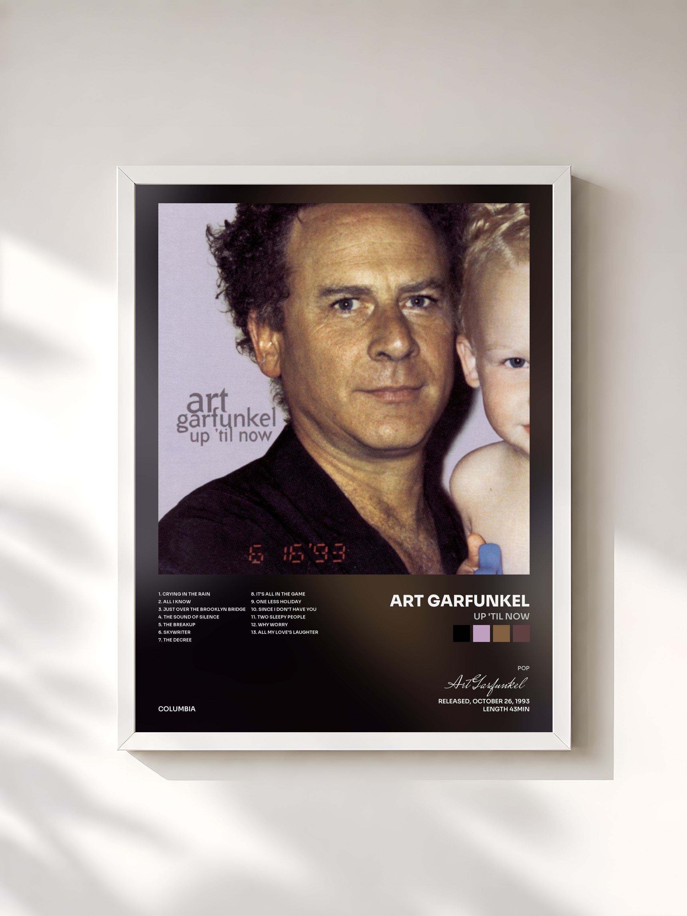 #blanc Tableau de l'album Up 'Til Now de Art Garfunkel, cadre blanc, imprimé et encadré en France