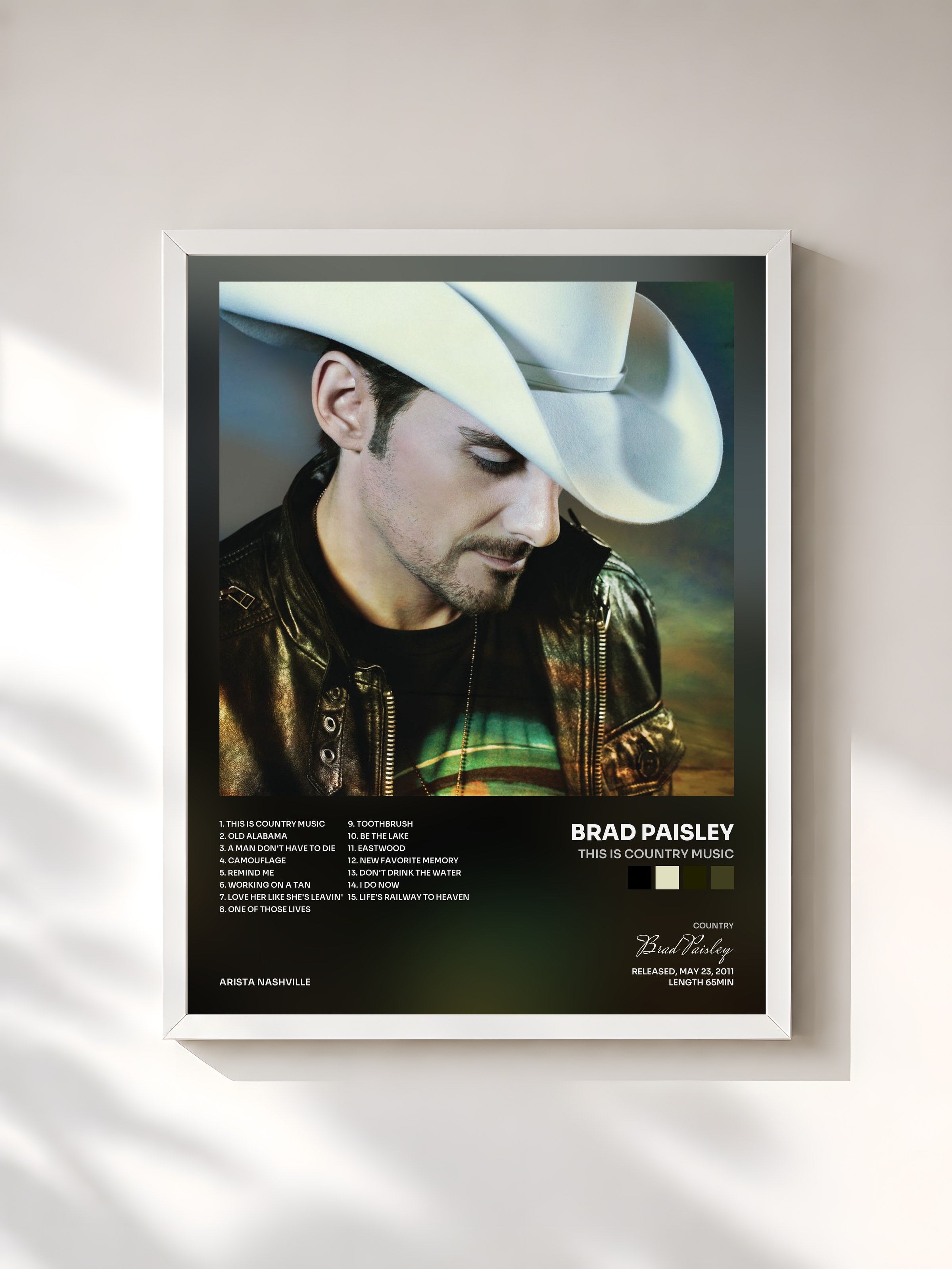 #blanc Tableau de l'album This Is Country Music de Brad Paisley, cadre blanc, imprimé et encadré en France