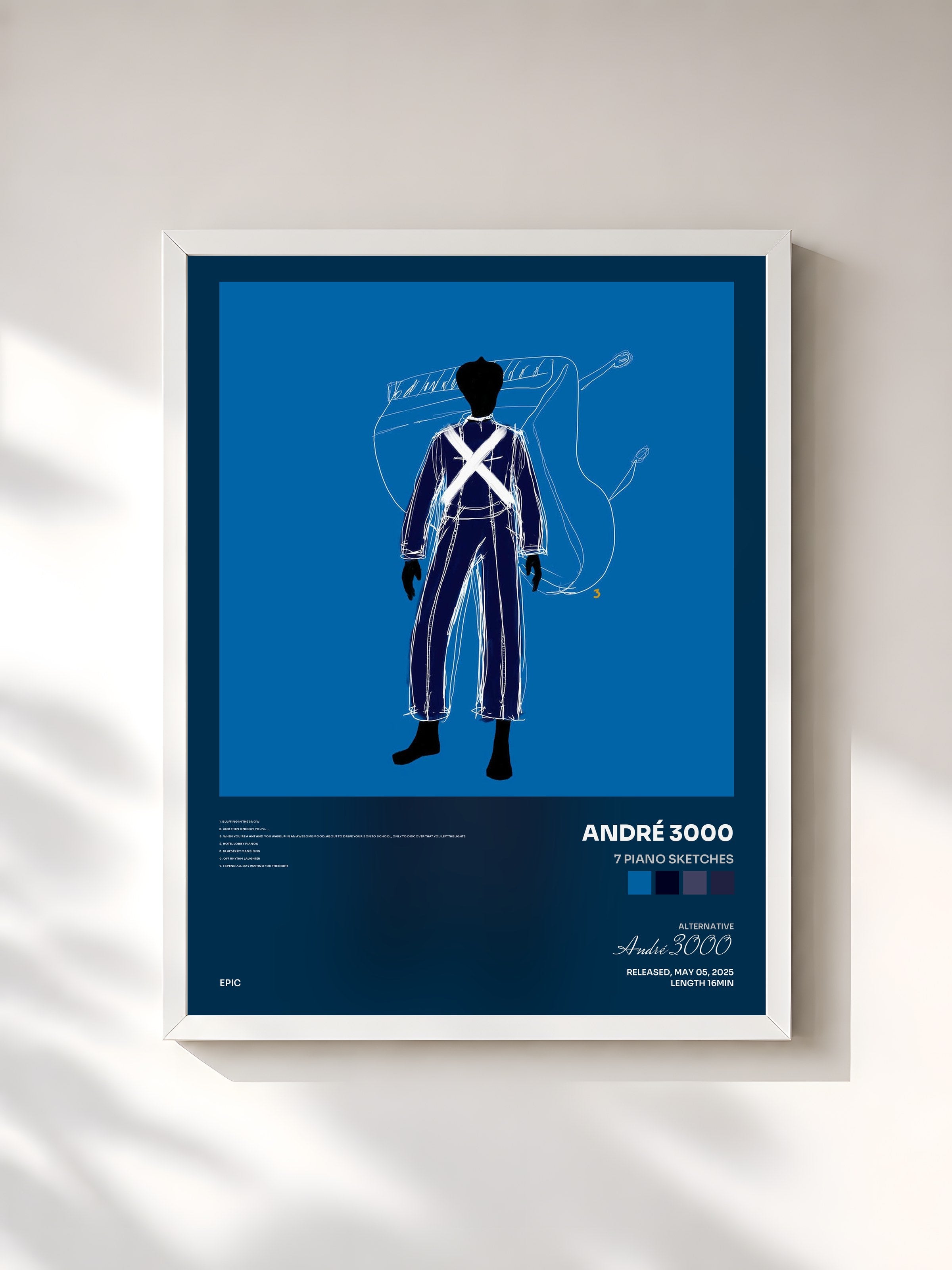 #blanc Tableau de l'album 7 piano sketches de André 3000, cadre blanc, imprimé et encadré en France