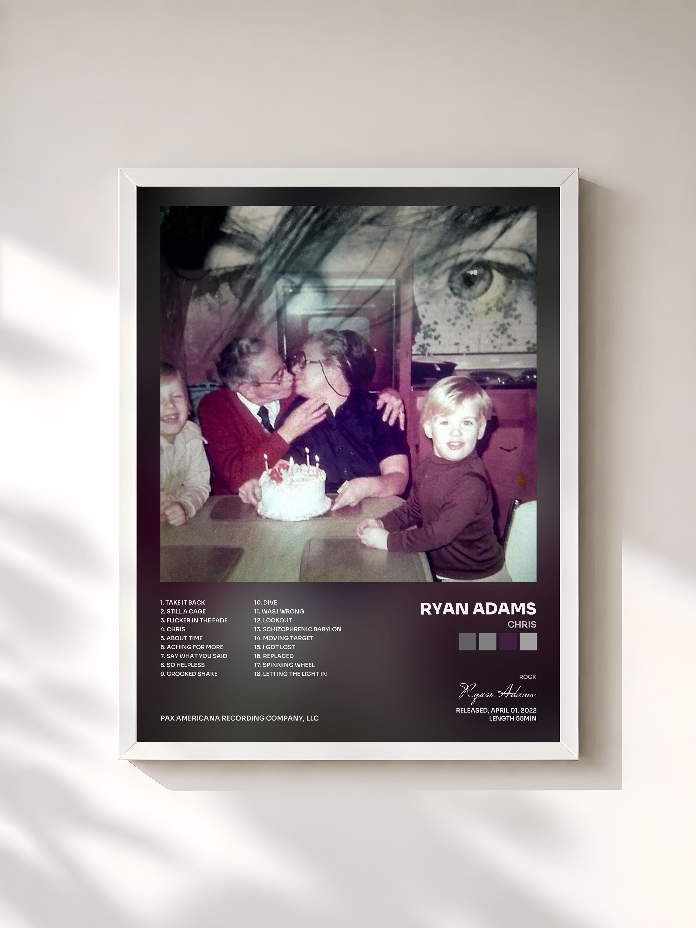 #blanc Tableau de l'album Chris de Ryan Adams, cadre blanc, imprimé et encadré en France