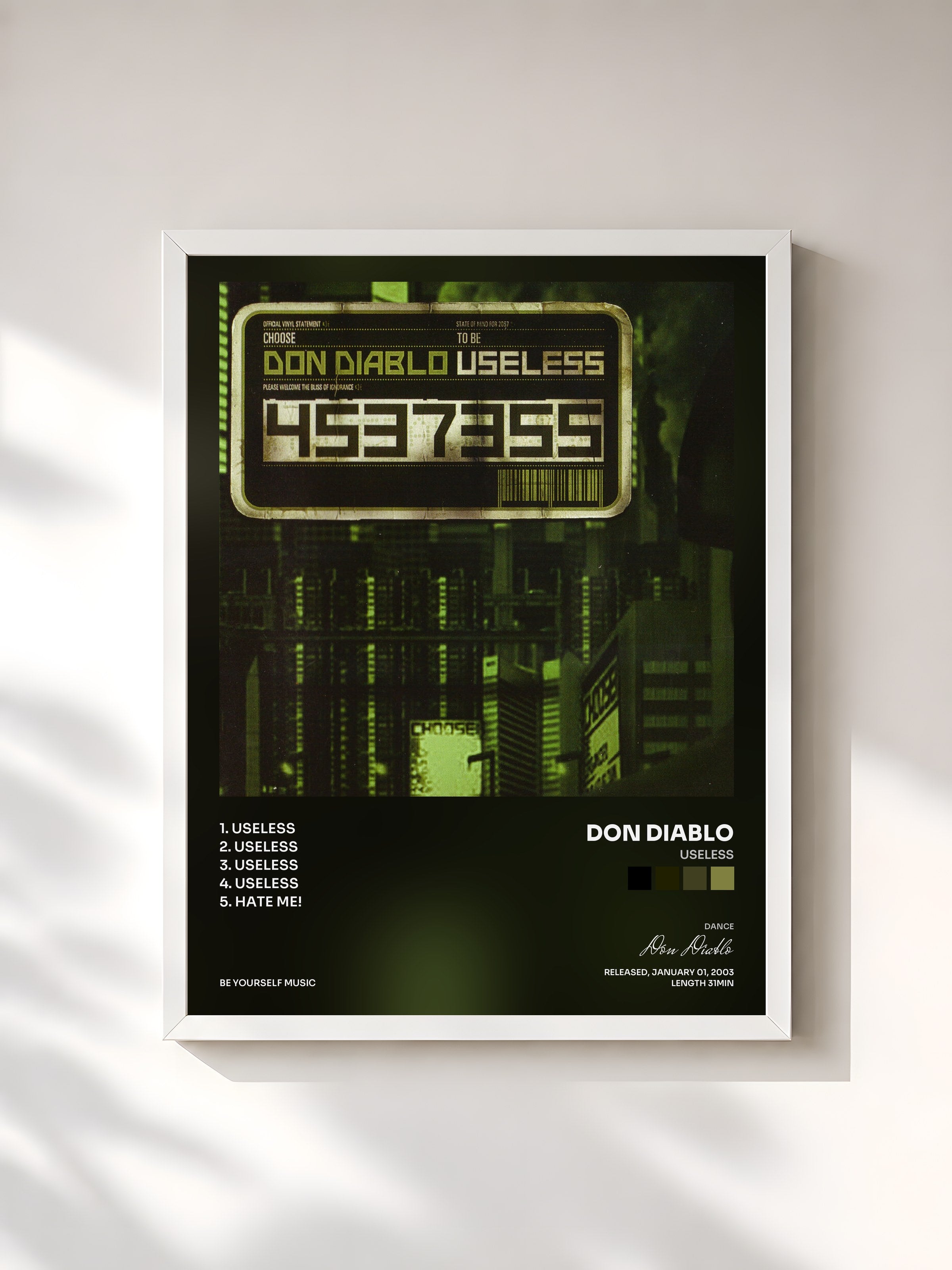 #blanc Tableau de l'album Useless de Don Diablo, cadre blanc, imprimé et encadré en France