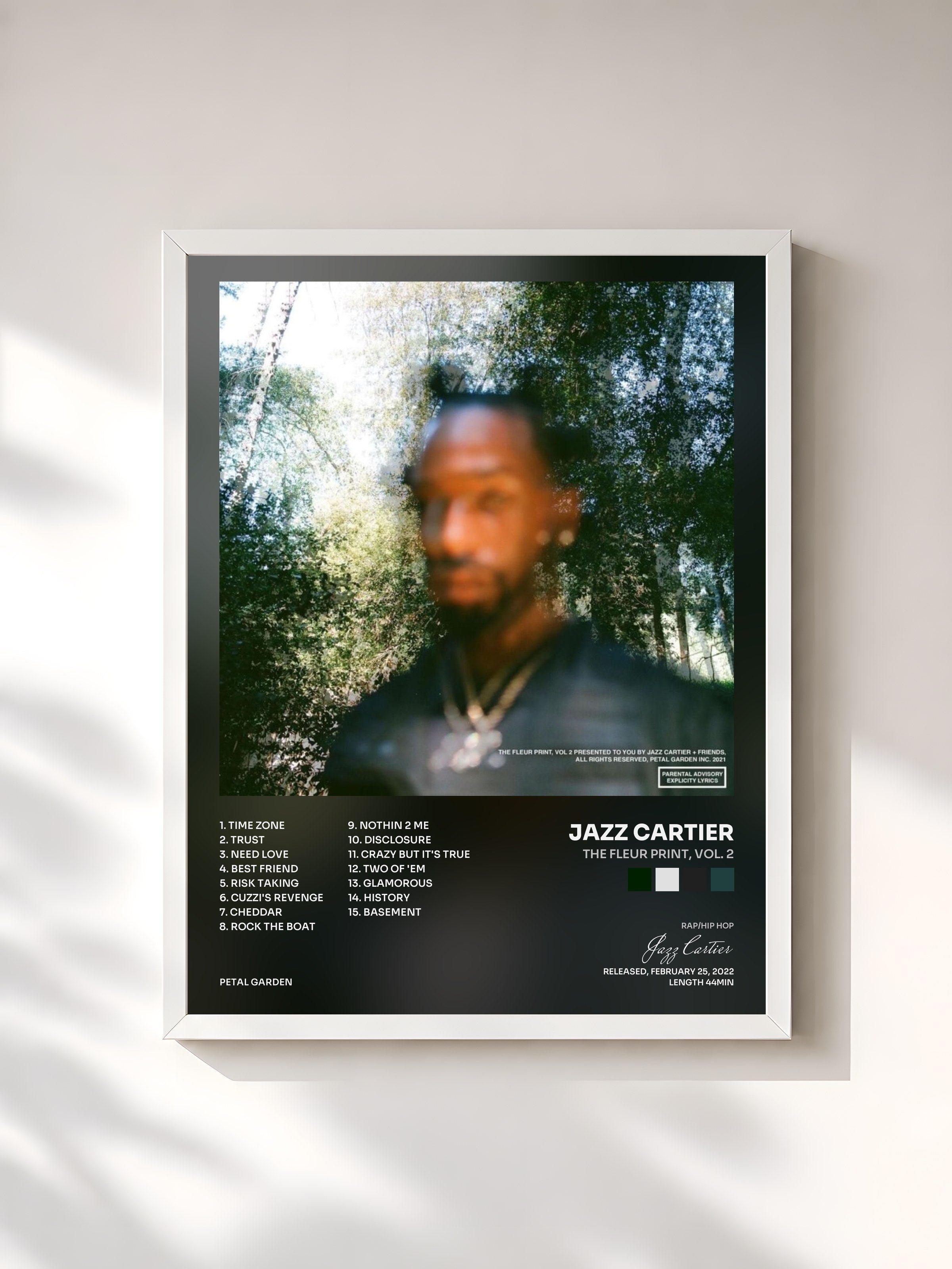 #blanc Tableau de l'album The Fleur Print, Vol. 2 de Jazz Cartier, cadre blanc, imprimé et encadré en France