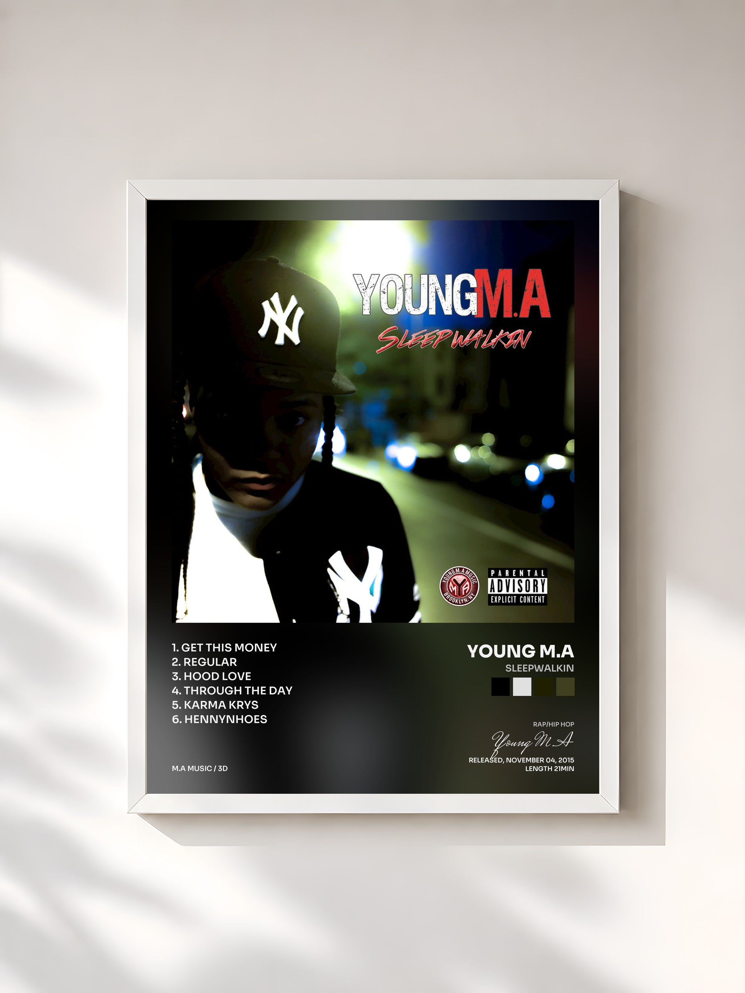 #blanc Tableau de l'album SleepWalkin de Young M.A, cadre blanc, imprimé et encadré en France