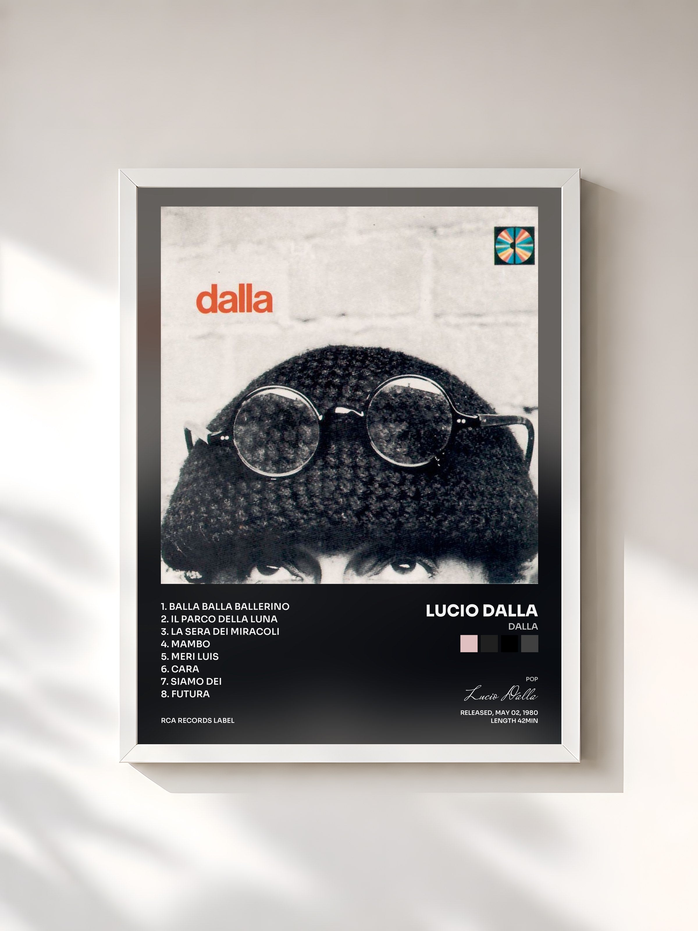 #blanc Tableau de l'album Dalla de Lucio Dalla, cadre blanc, imprimé et encadré en France