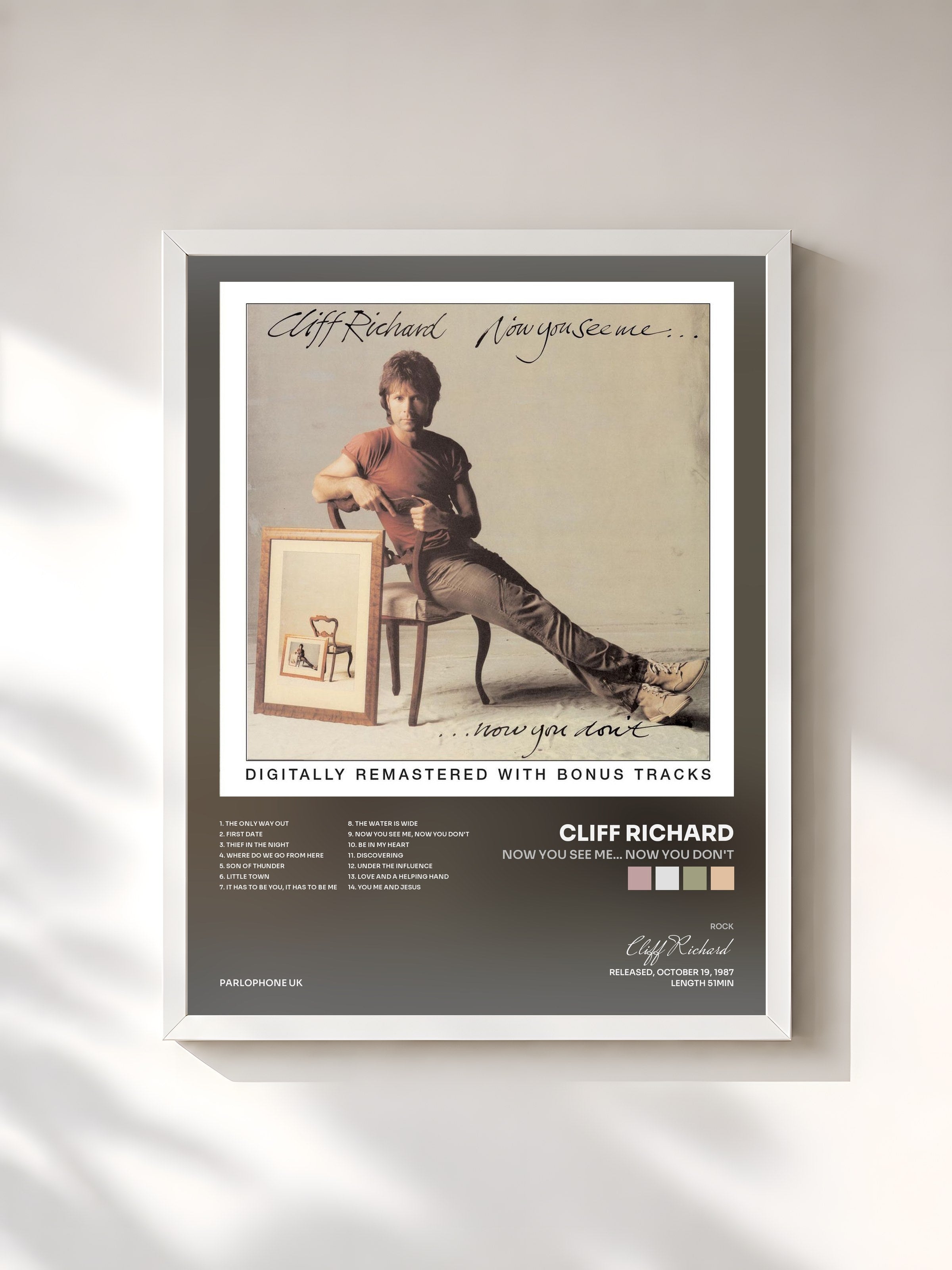 #blanc Tableau de l'album Now You See Me... Now You Don't de Cliff Richard, cadre blanc, imprimé et encadré en France