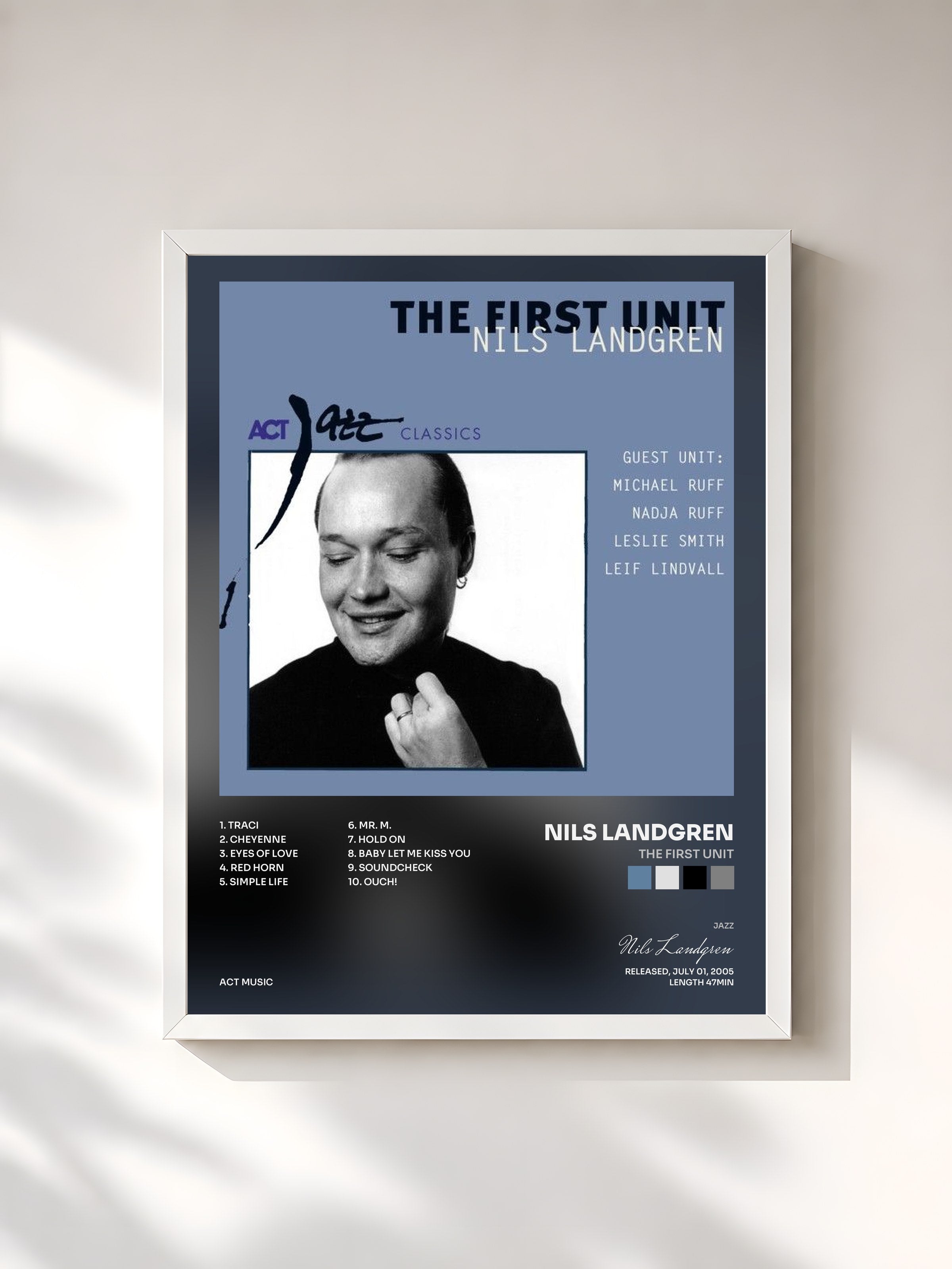 #blanc Tableau de l'album The First Unit de Nils Landgren, cadre blanc, imprimé et encadré en France