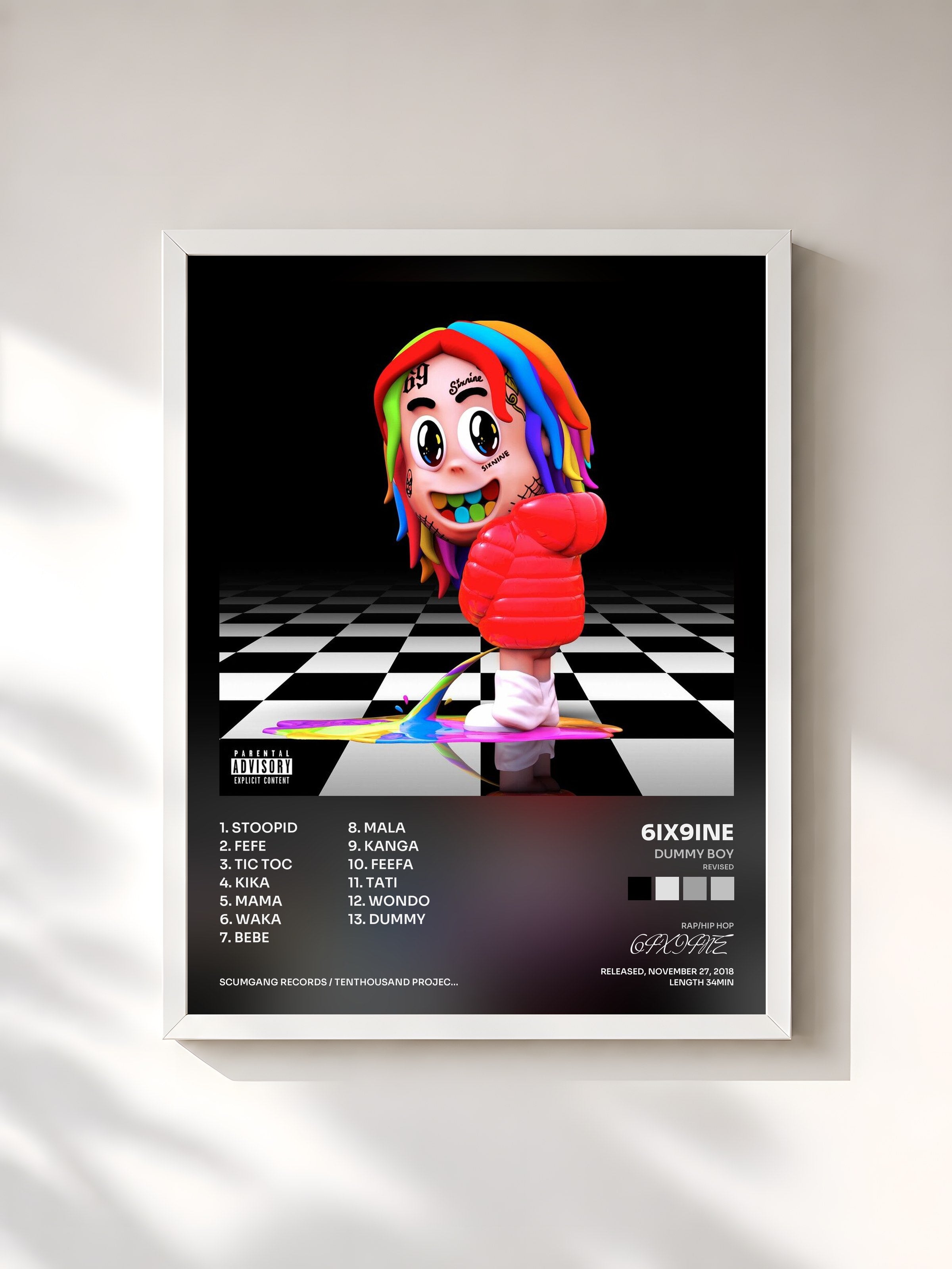 #blanc Tableau de l'album DUMMY BOY (Revised) de 6IX9INE, cadre blanc, imprimé et encadré en France
