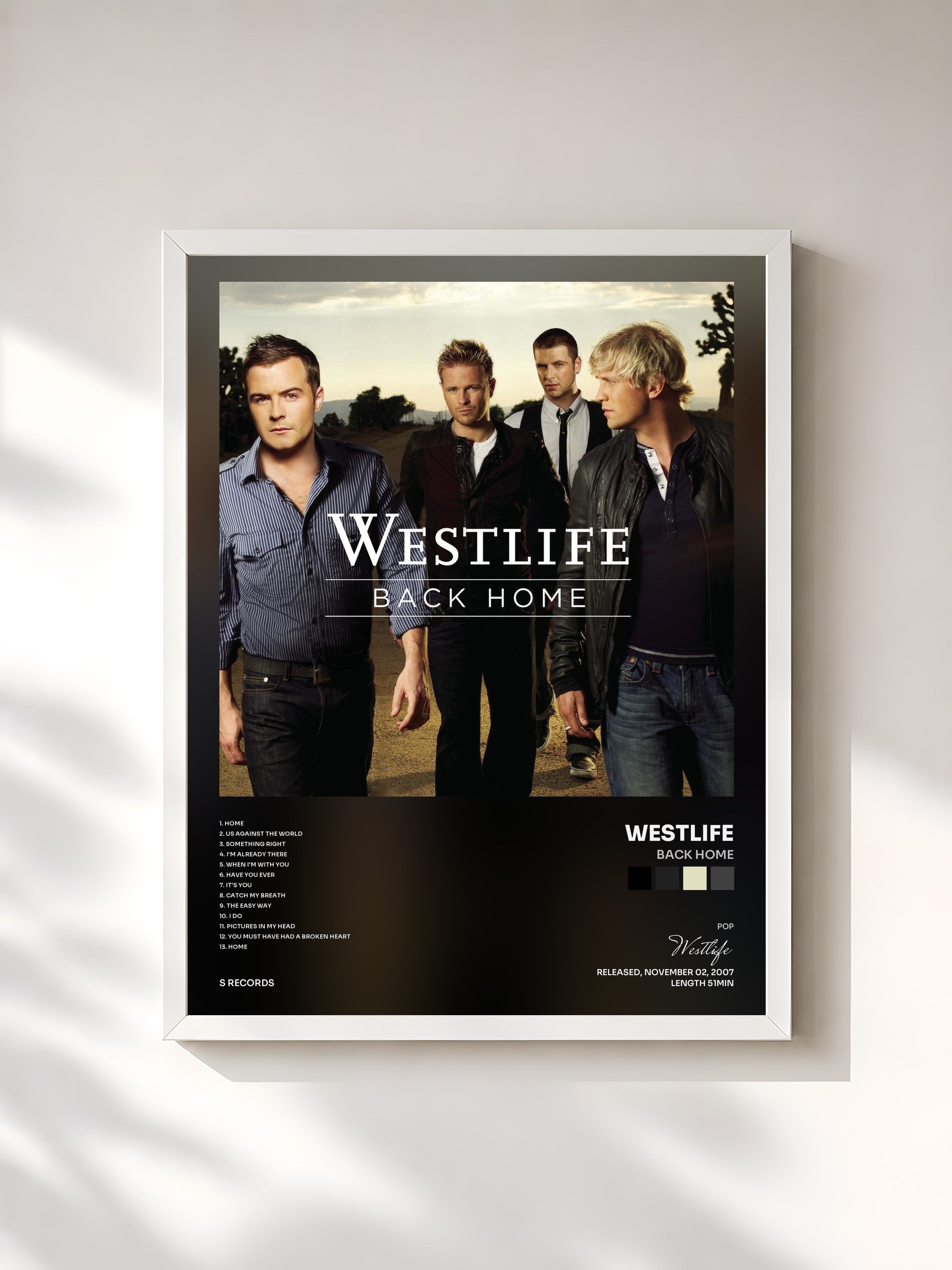 #blanc Tableau de l'album Back Home de Westlife, cadre blanc, imprimé et encadré en France