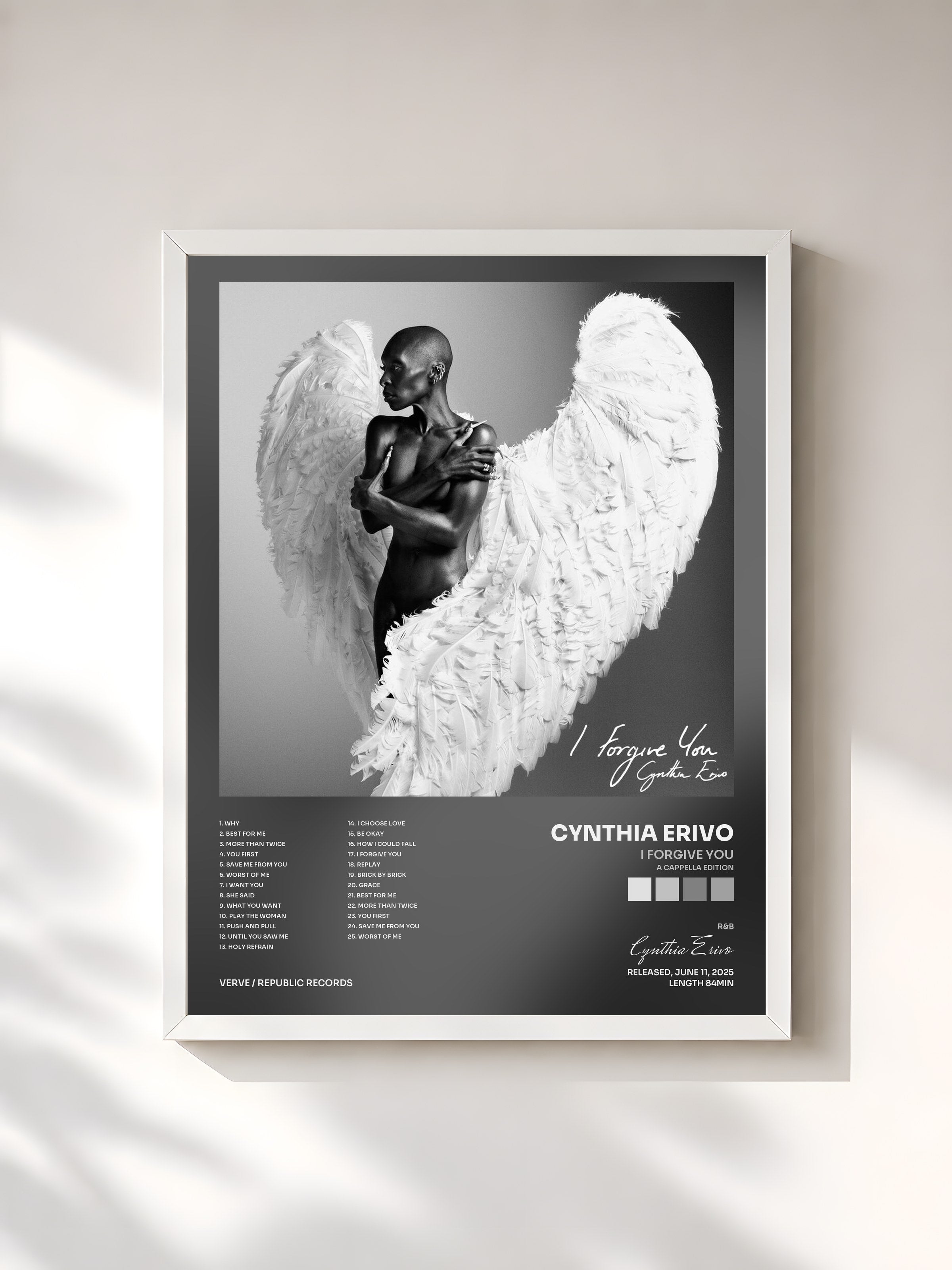#blanc Tableau de l'album I Forgive You (A Cappella Edition) de Cynthia Erivo, cadre blanc, imprimé et encadré en France