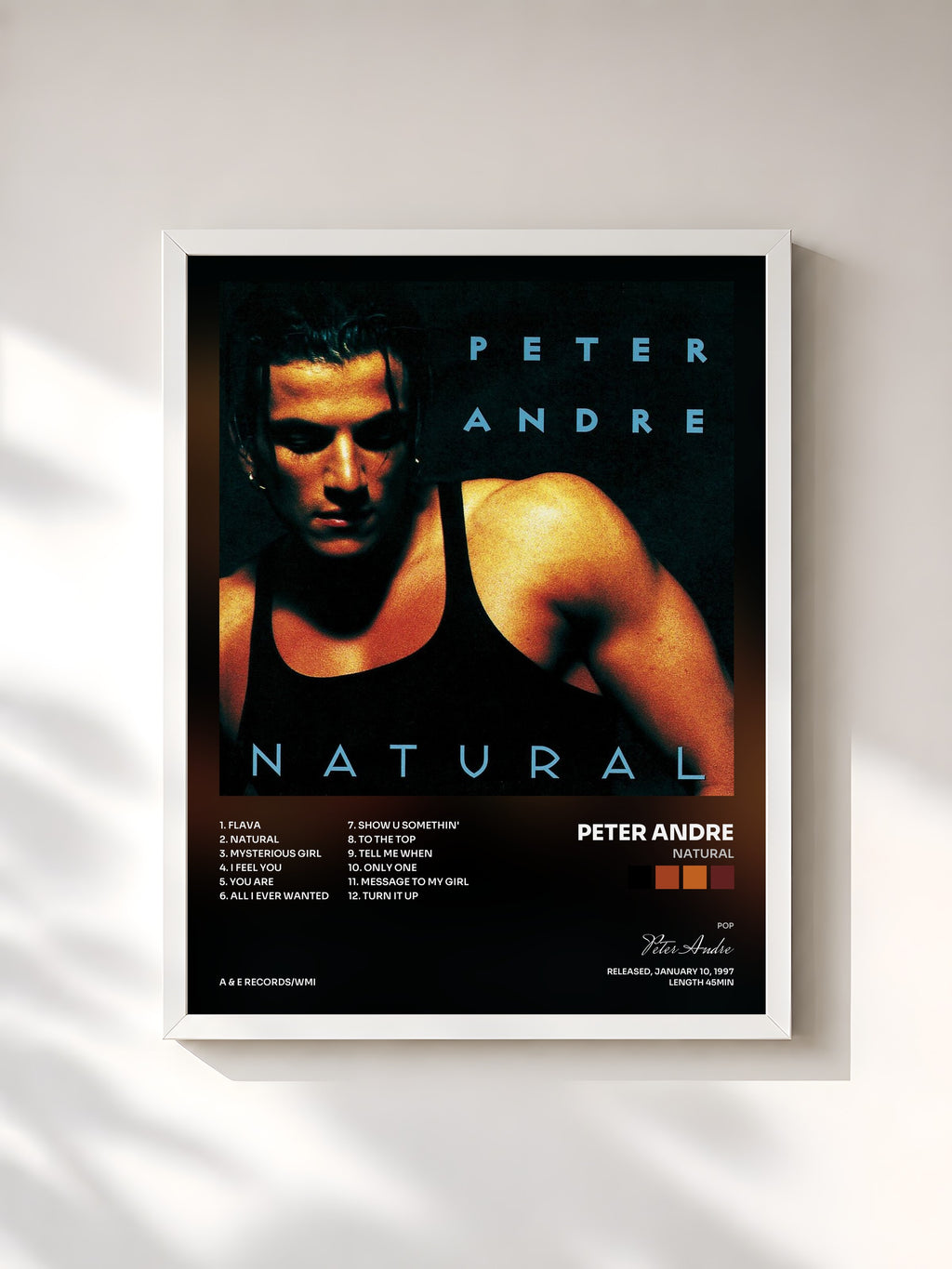 #blanc Tableau de l'album Natural de Peter Andre, cadre blanc, imprimé et encadré en France