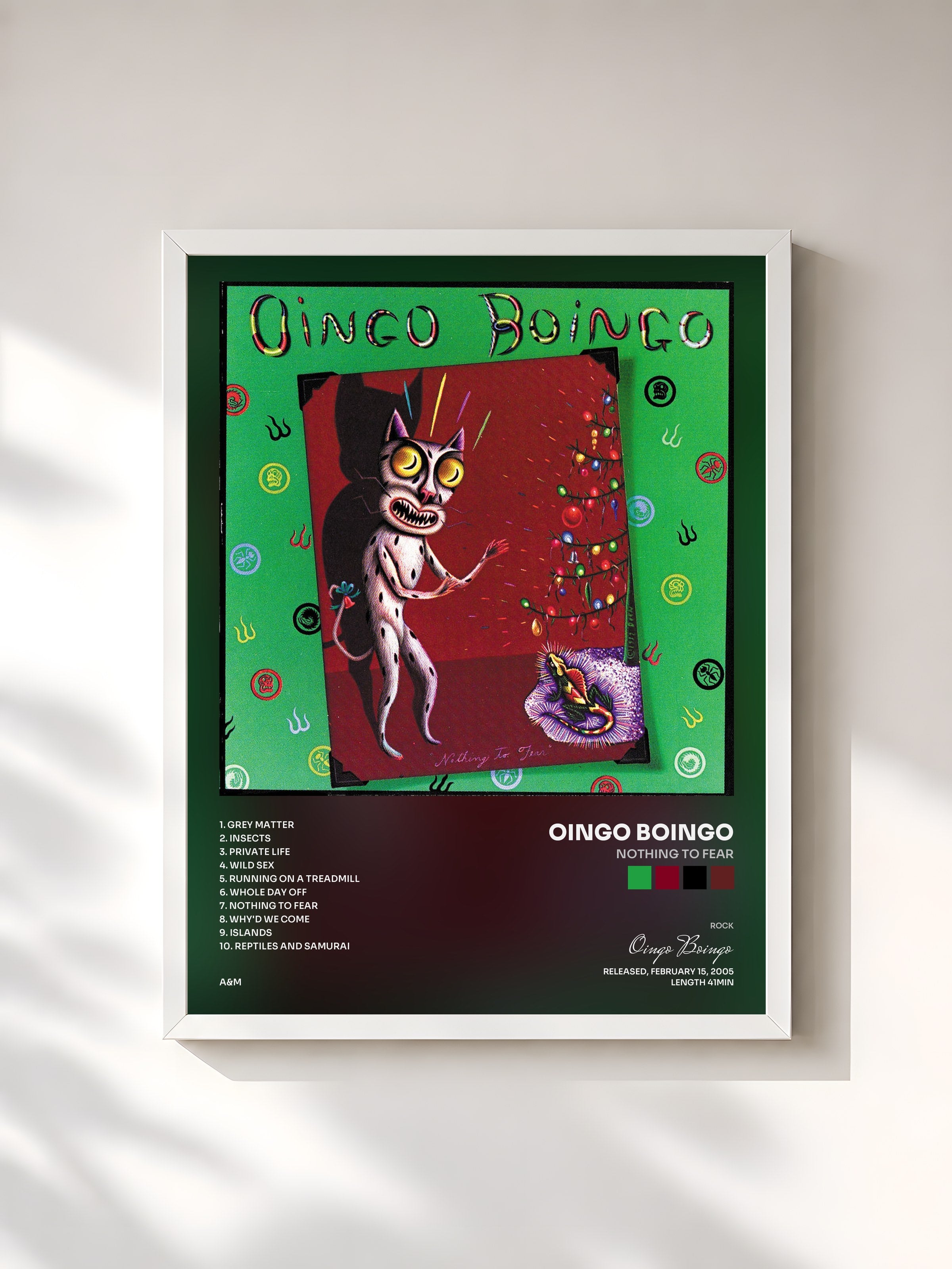 #blanc Tableau de l'album Nothing To Fear de Oingo Boingo, cadre blanc, imprimé et encadré en France