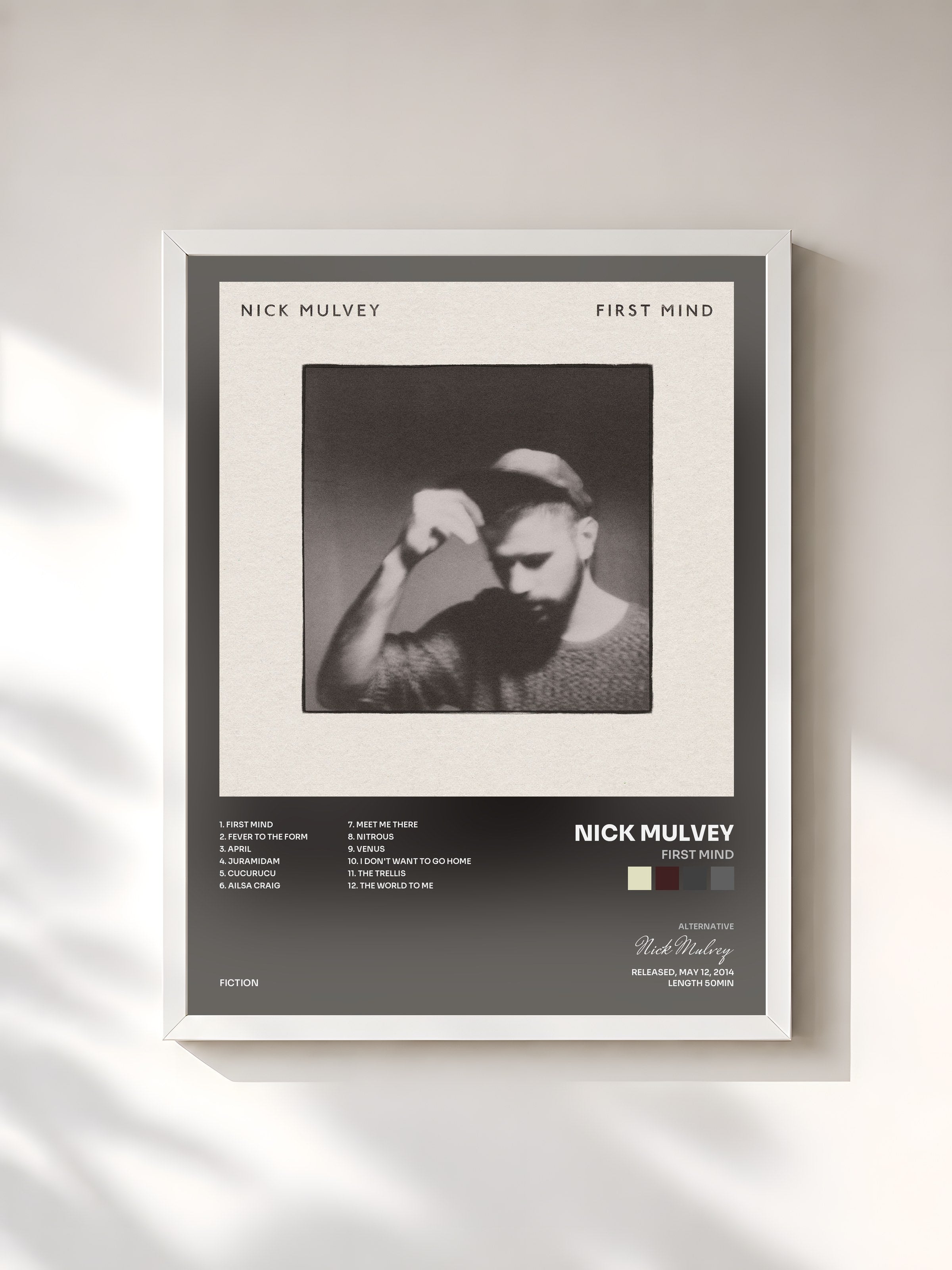 #blanc Tableau de l'album First Mind de Nick Mulvey, cadre blanc, imprimé et encadré en France