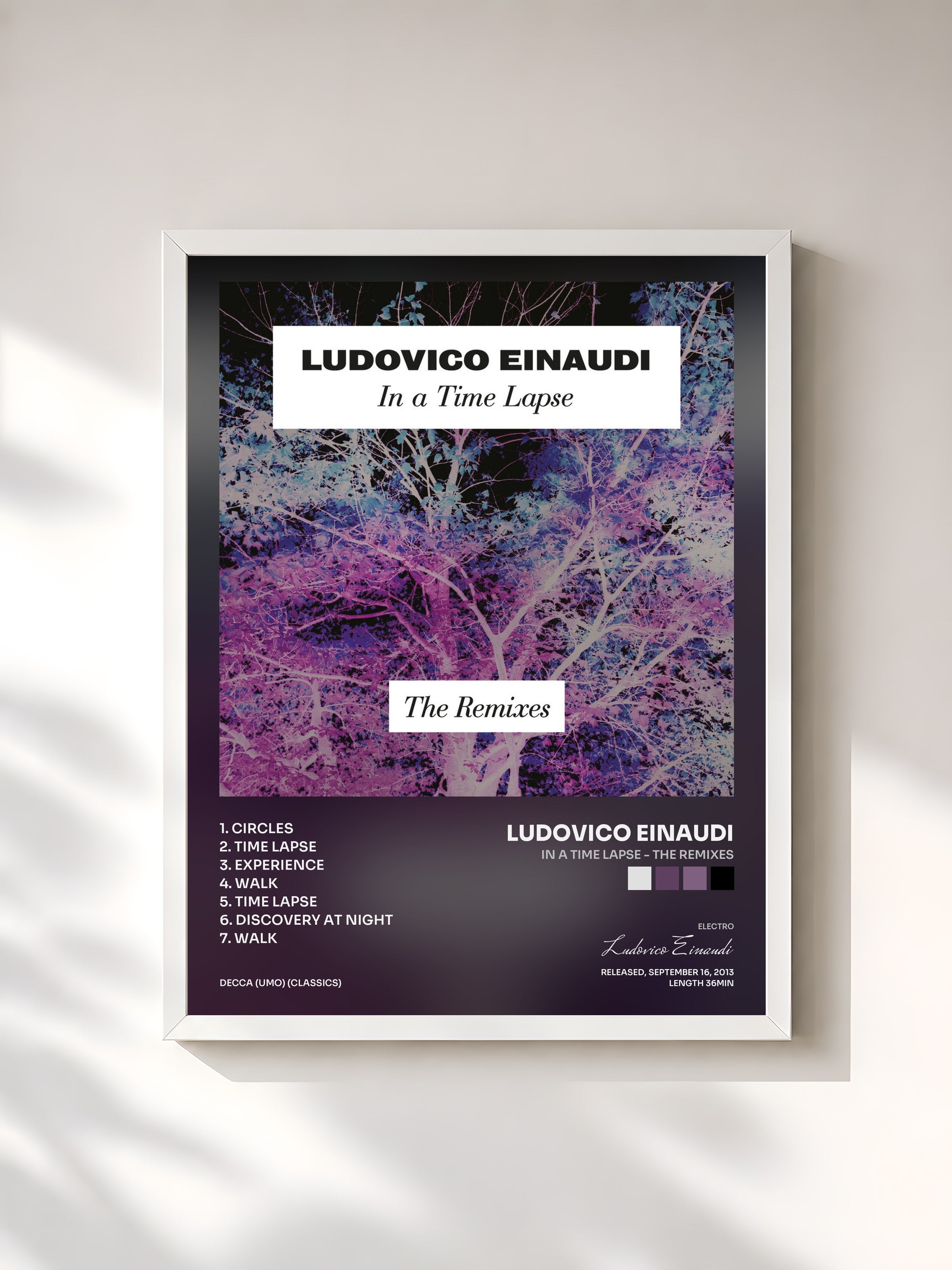 #blanc Tableau de l'album In A Time Lapse - The Remixes de Ludovico Einaudi, cadre blanc, imprimé et encadré en France
