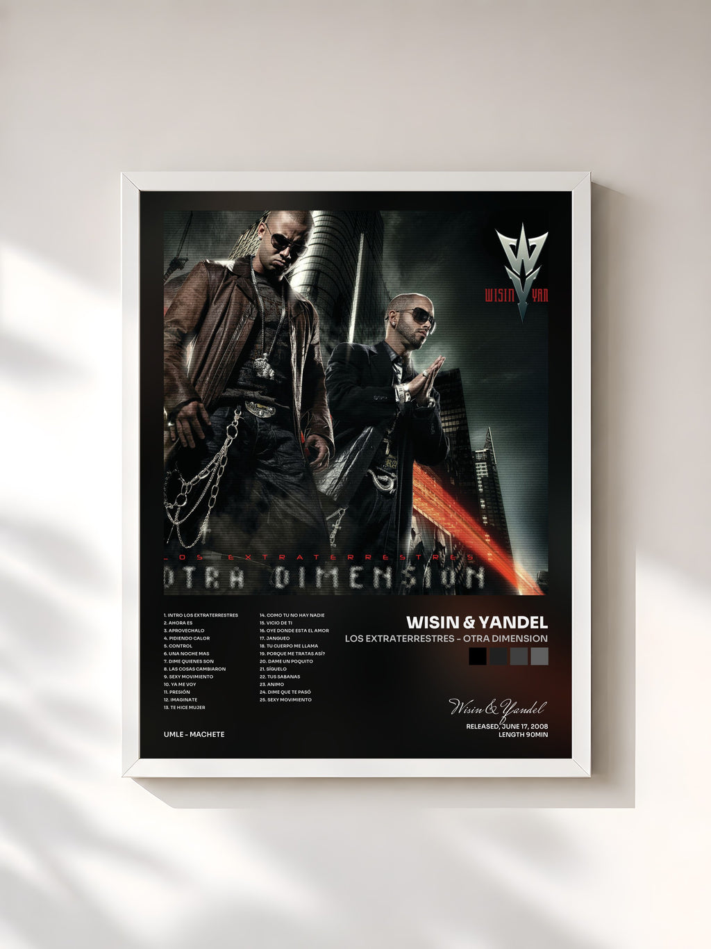 #blanc Tableau de l'album Los Extraterrestres - Otra Dimension de Wisin & Yandel, cadre blanc, imprimé et encadré en France