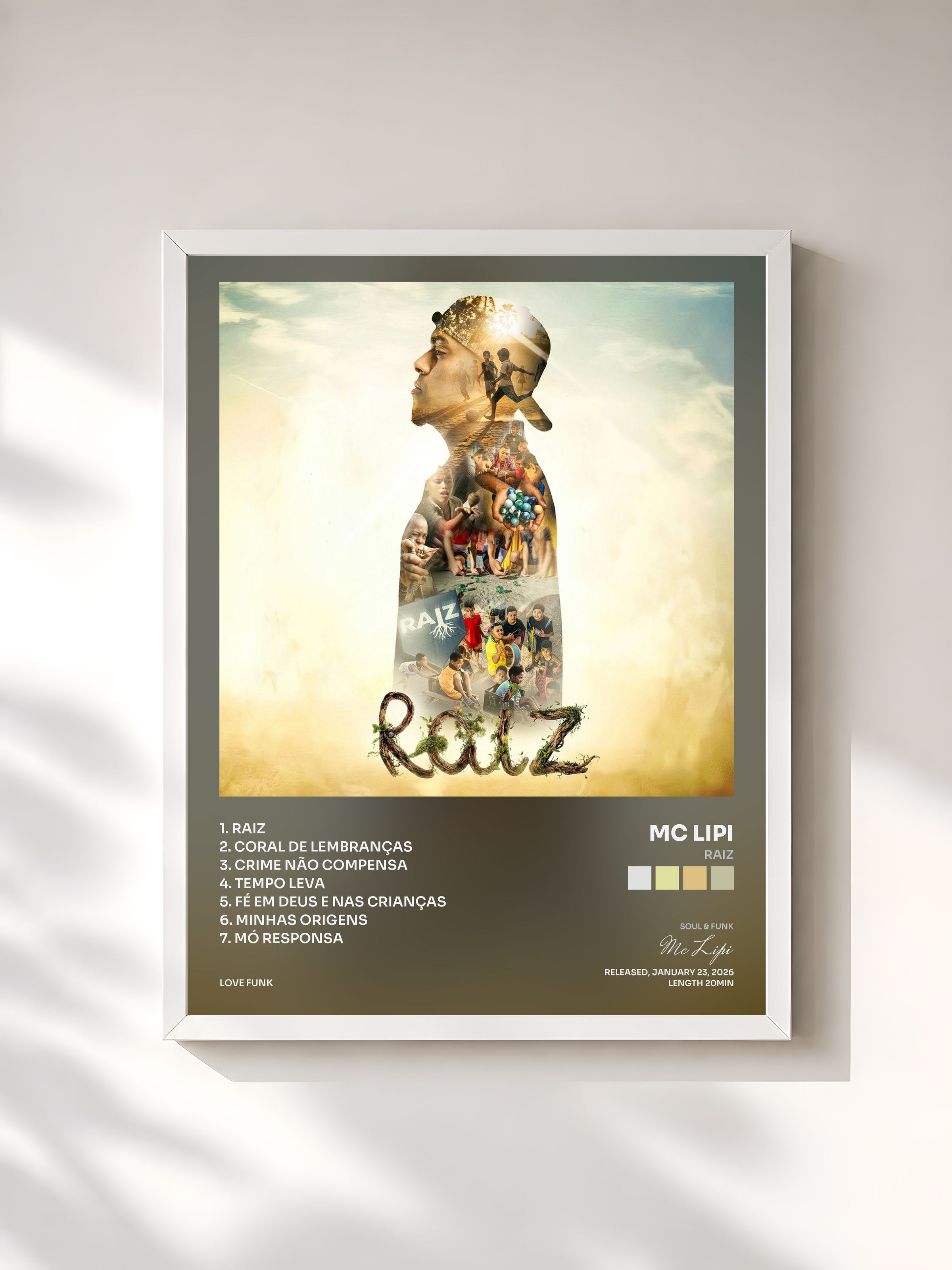 #blanc Tableau de l'album Raiz de Mc Lipi, cadre blanc, imprimé et encadré en France