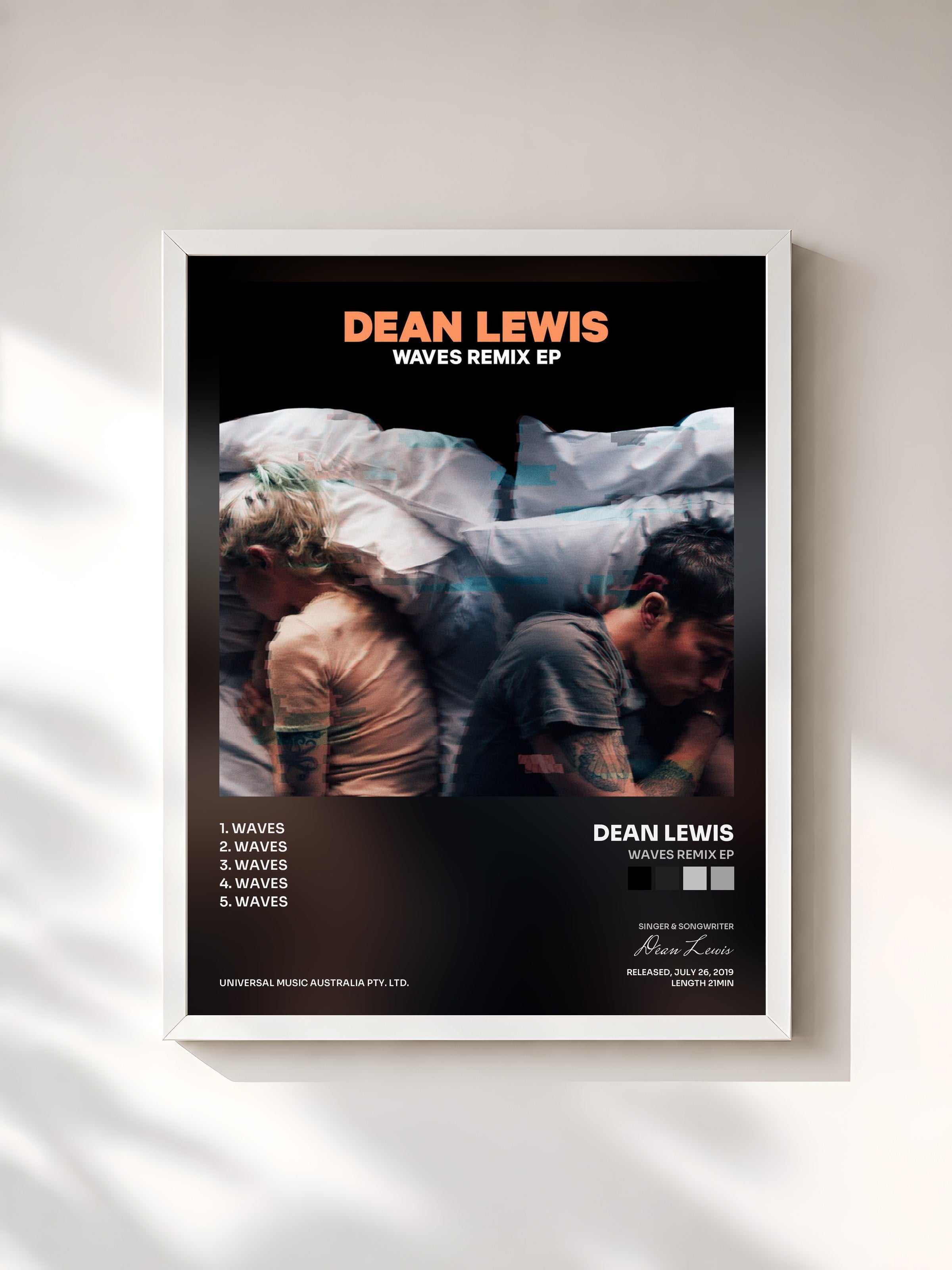 #blanc Tableau de l'album Waves Remix EP de Dean Lewis, cadre blanc, imprimé et encadré en France