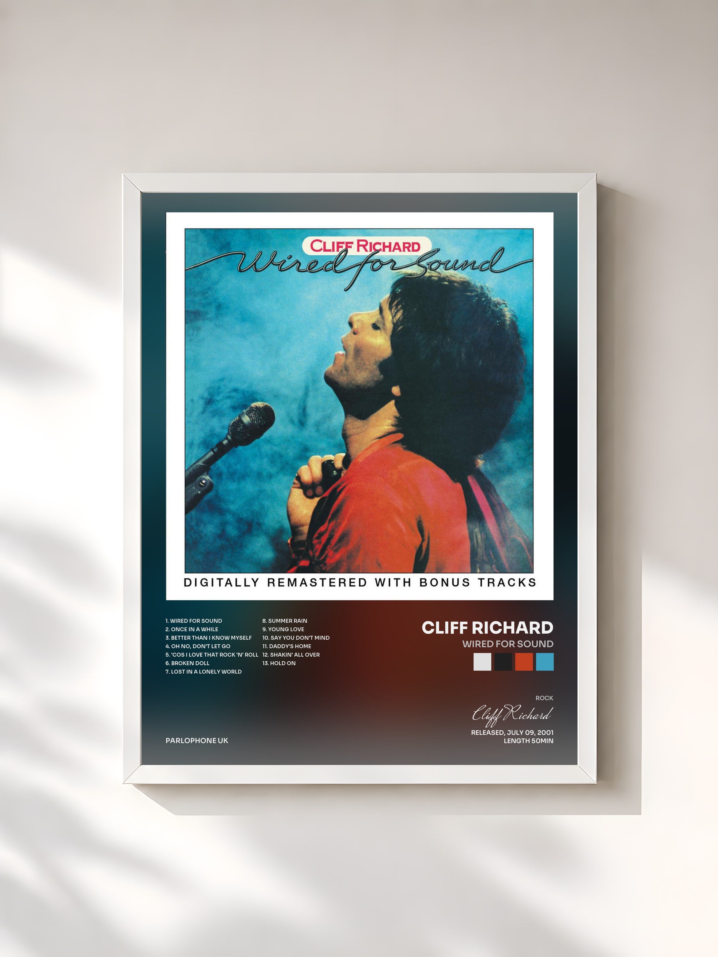 #blanc Tableau de l'album Wired for Sound de Cliff Richard, cadre blanc, imprimé et encadré en France