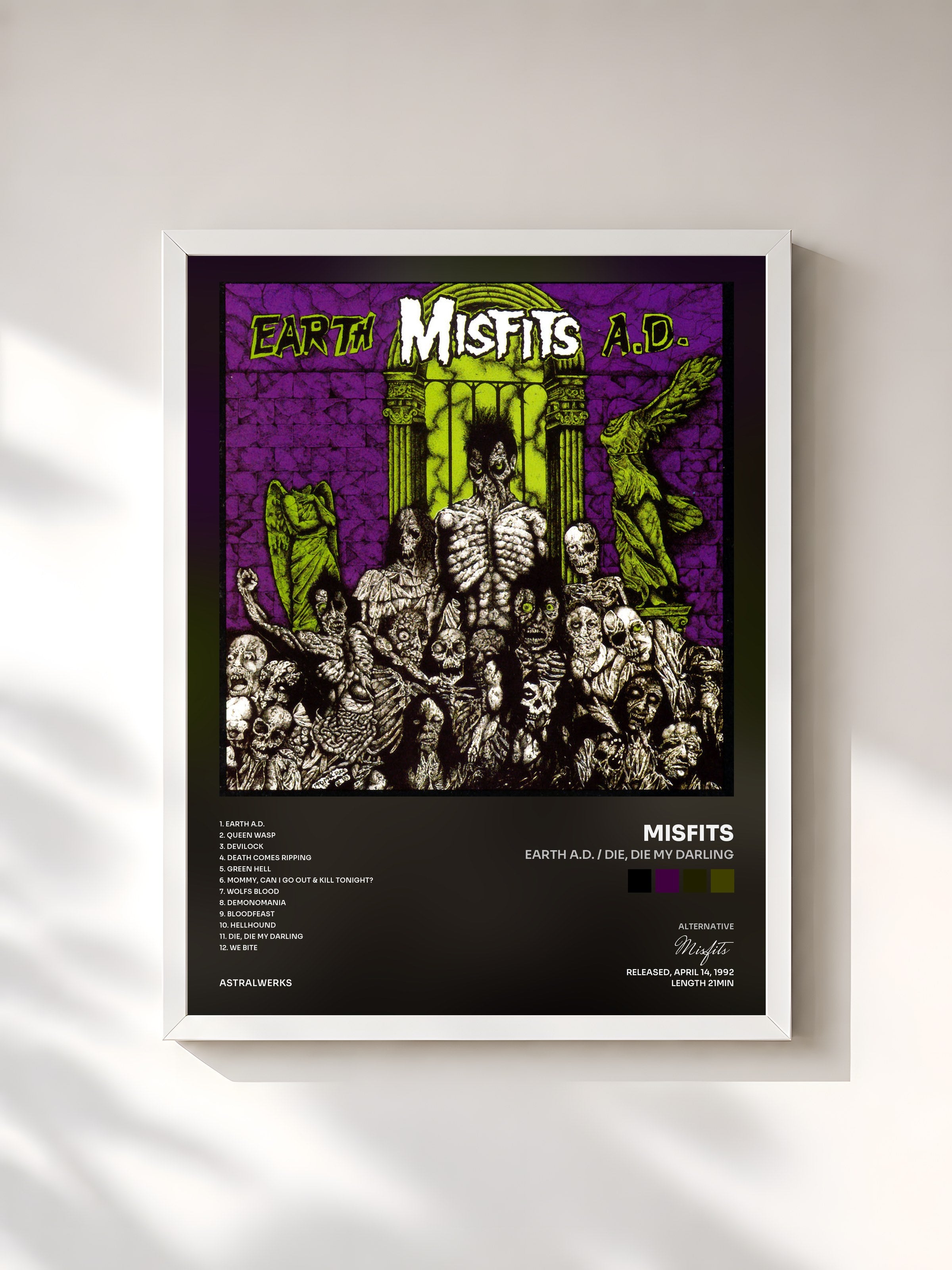 #blanc Tableau de l'album Earth A.D. / Die, Die My Darling de Misfits, cadre blanc, imprimé et encadré en France