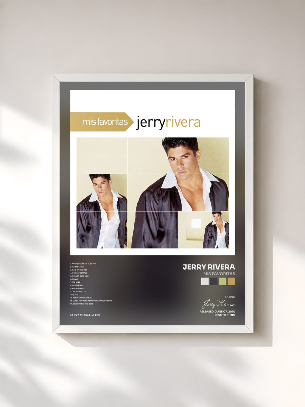 #blanc Tableau de l'album Mis Favoritas de Jerry Rivera, cadre blanc, imprimé et encadré en France