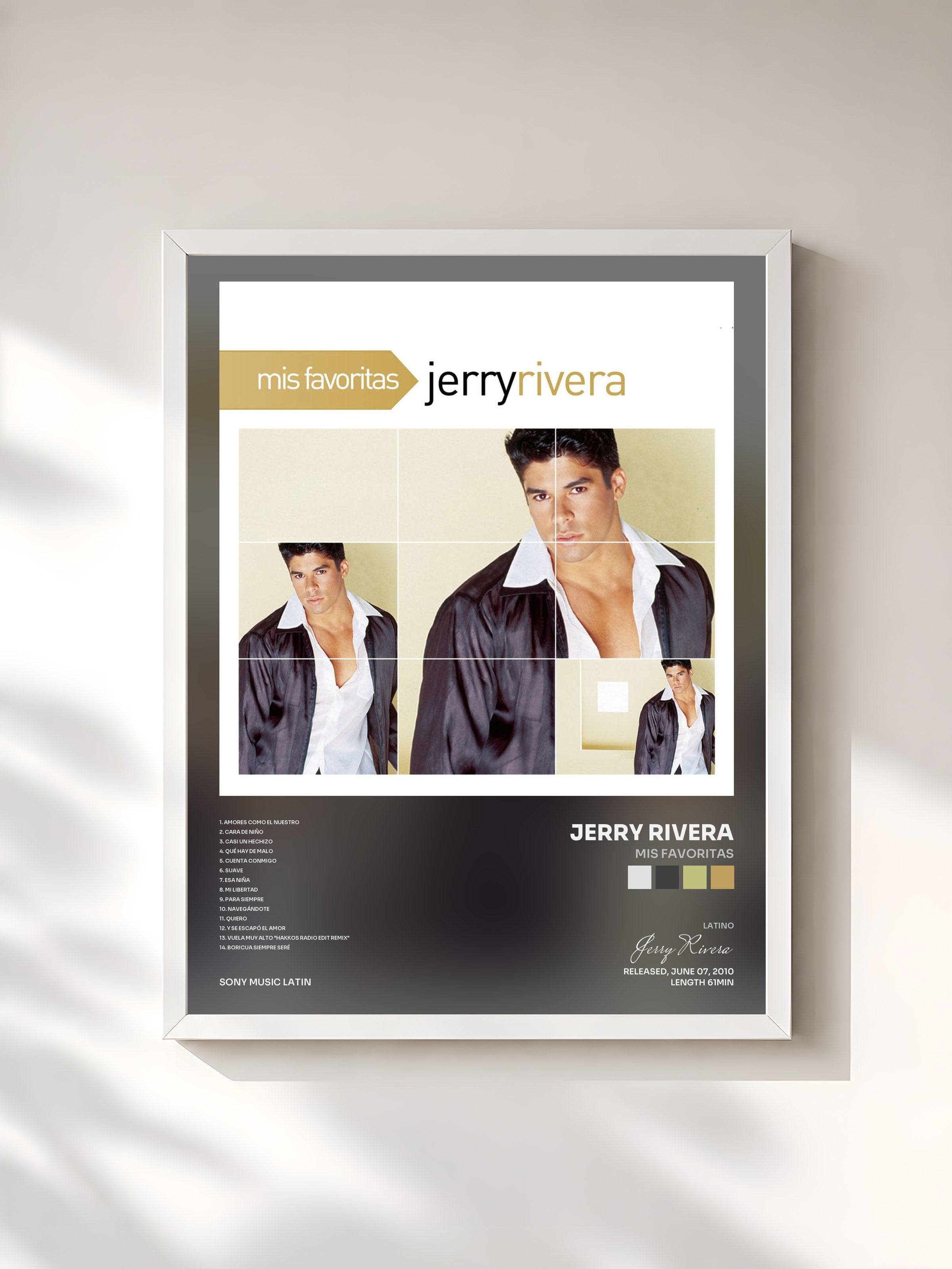 #blanc Tableau de l'album Mis Favoritas de Jerry Rivera, cadre blanc, imprimé et encadré en France