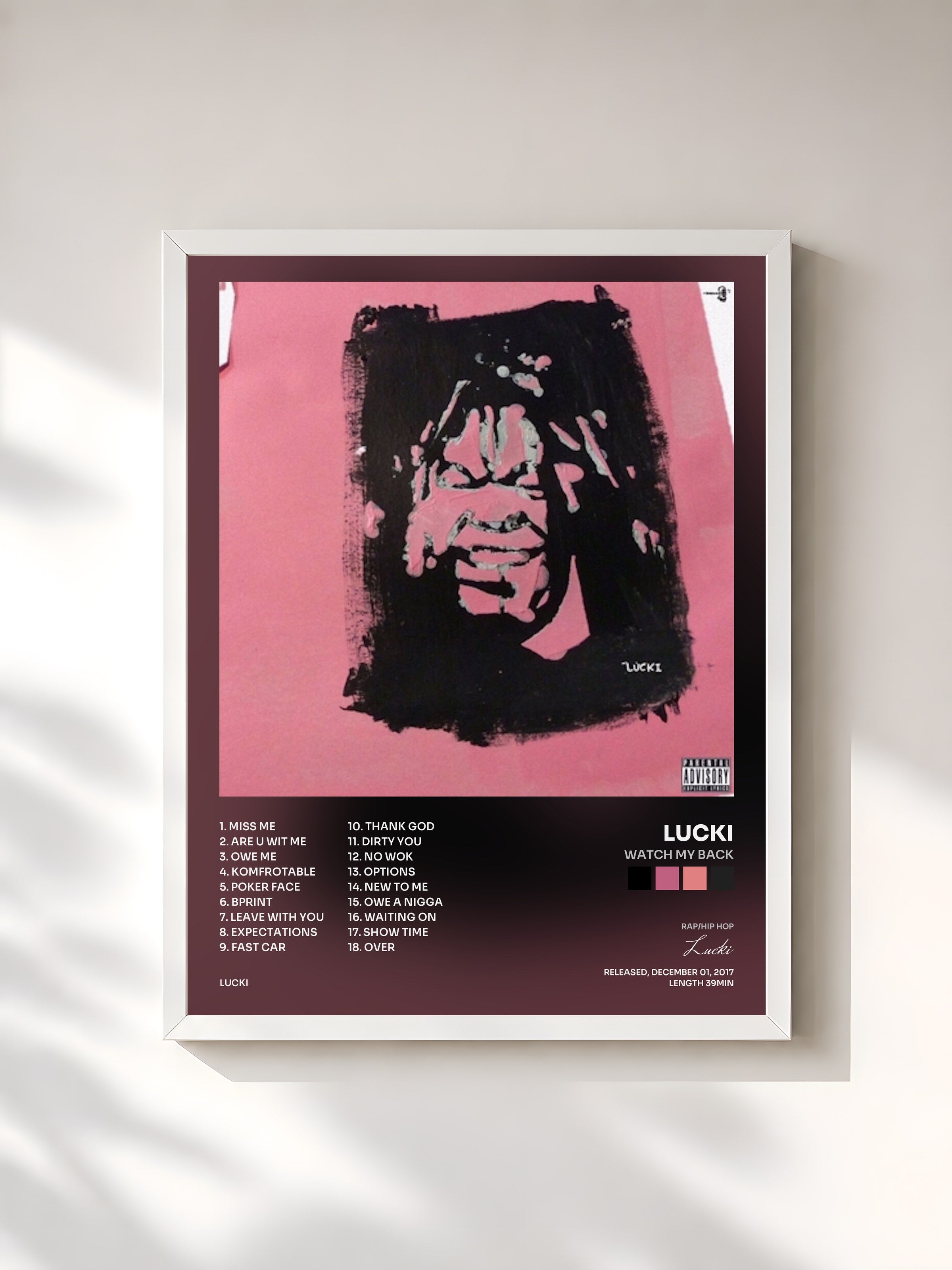 #blanc Tableau de l'album Watch My Back de Lucki, cadre blanc, imprimé et encadré en France