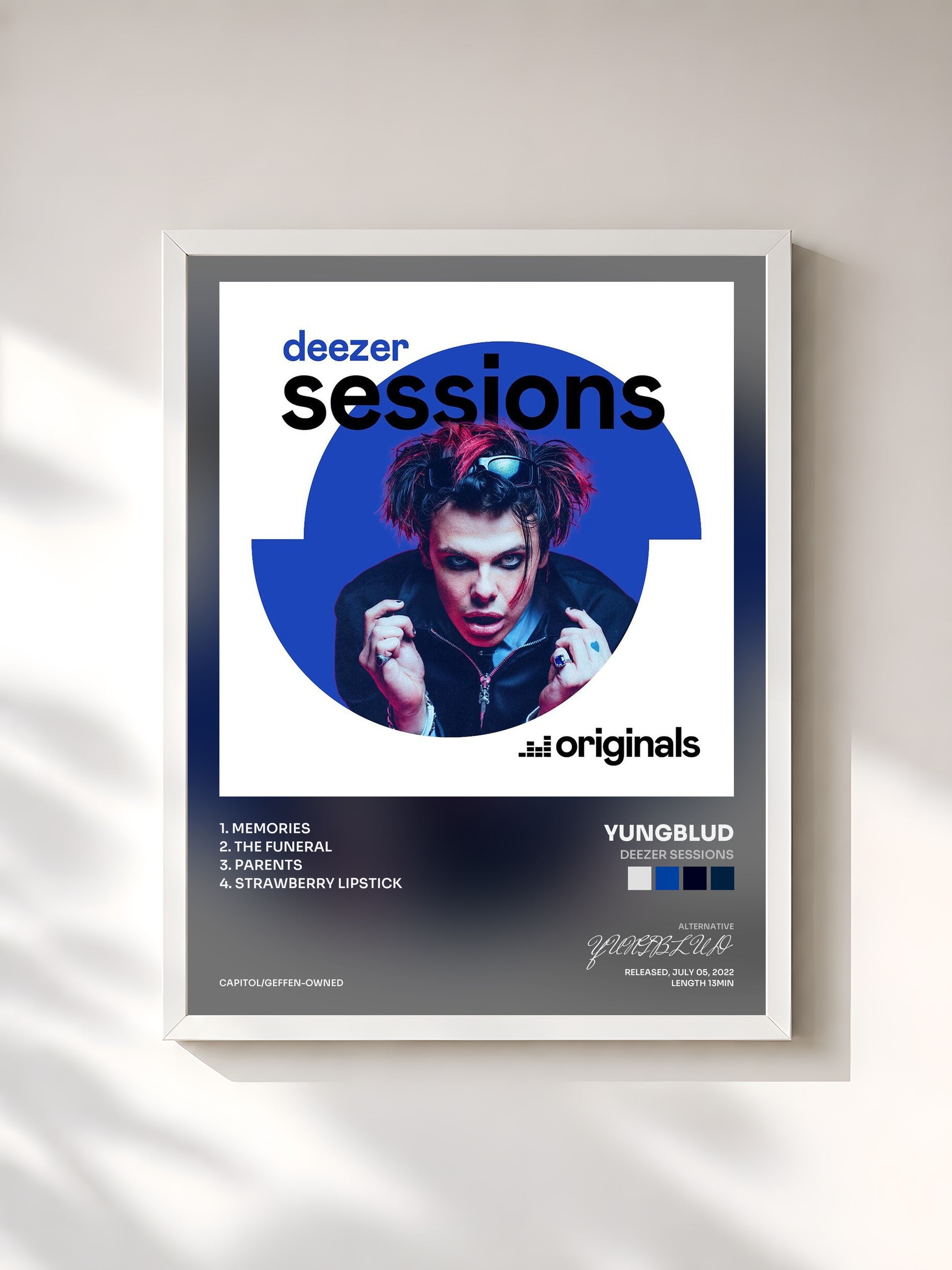 #blanc Tableau de l'album Deezer Sessions de YUNGBLUD, cadre blanc, imprimé et encadré en France