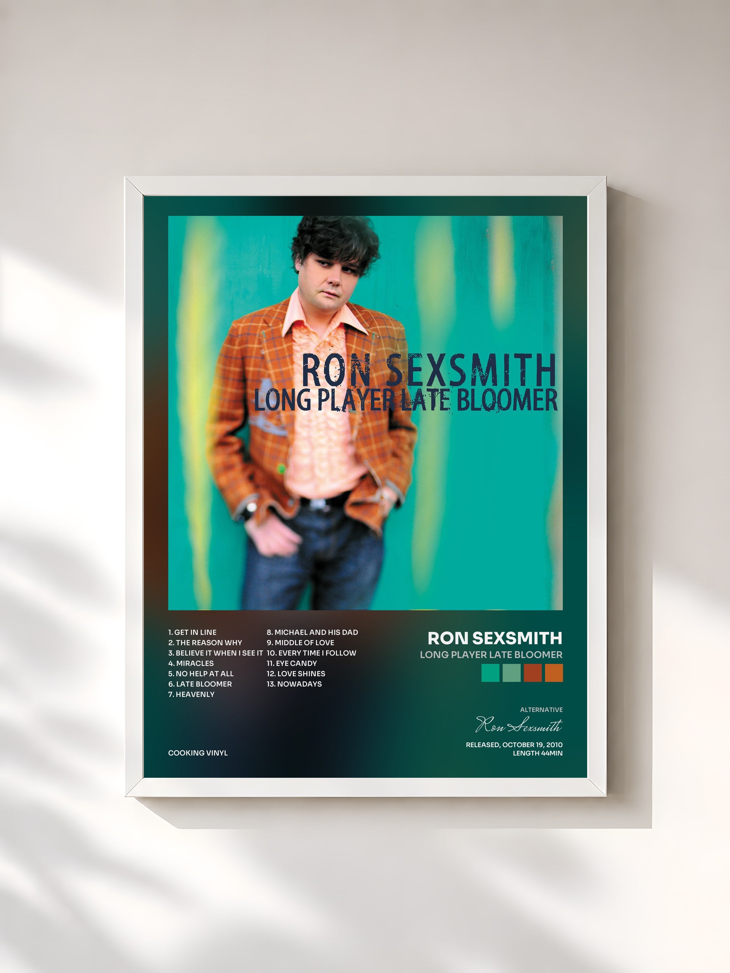 #blanc Tableau de l'album Long Player Late Bloomer de Ron Sexsmith, cadre blanc, imprimé et encadré en France