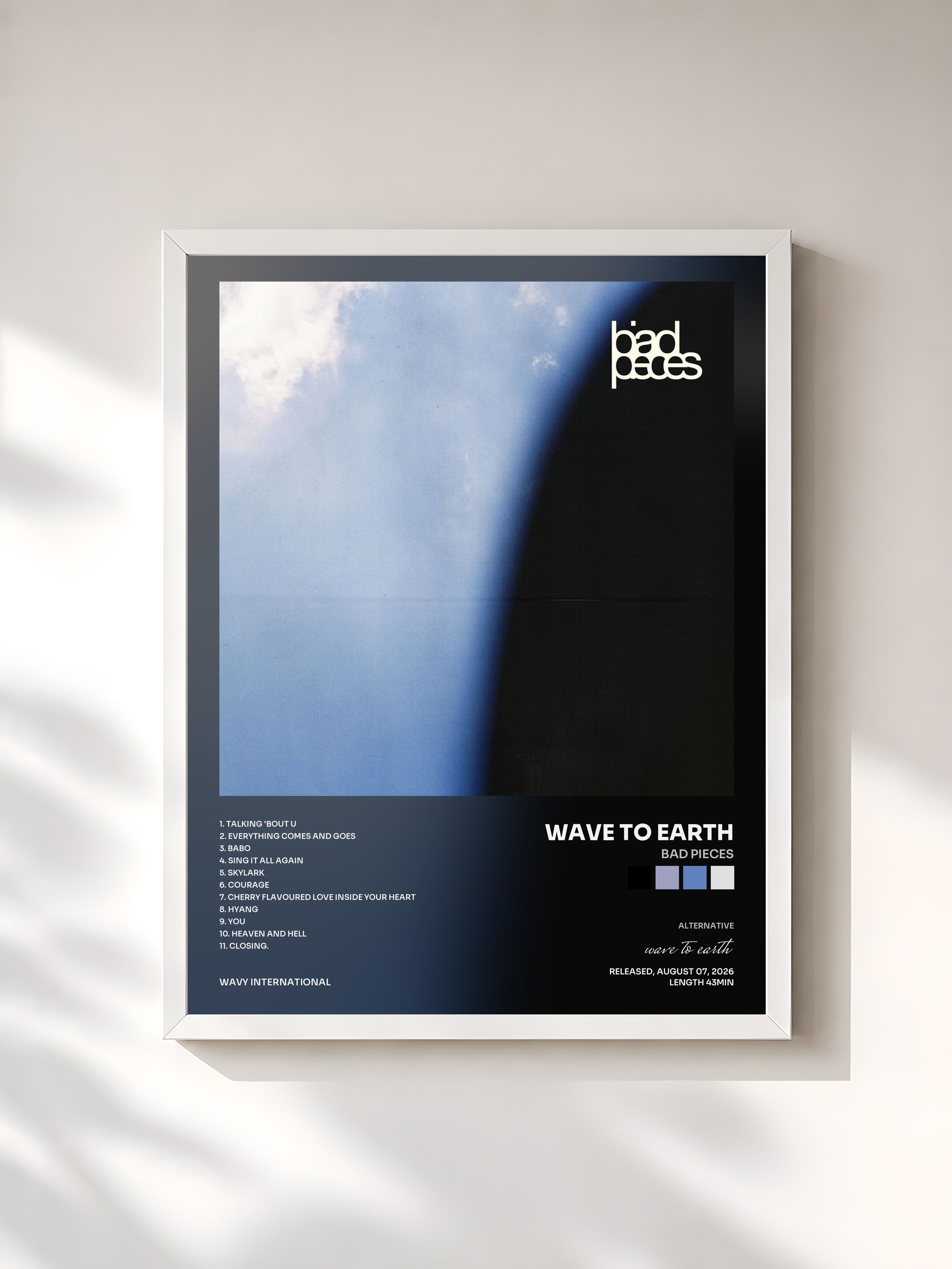 #blanc Tableau de l'album bad pieces de wave to earth, cadre blanc, imprimé et encadré en France
