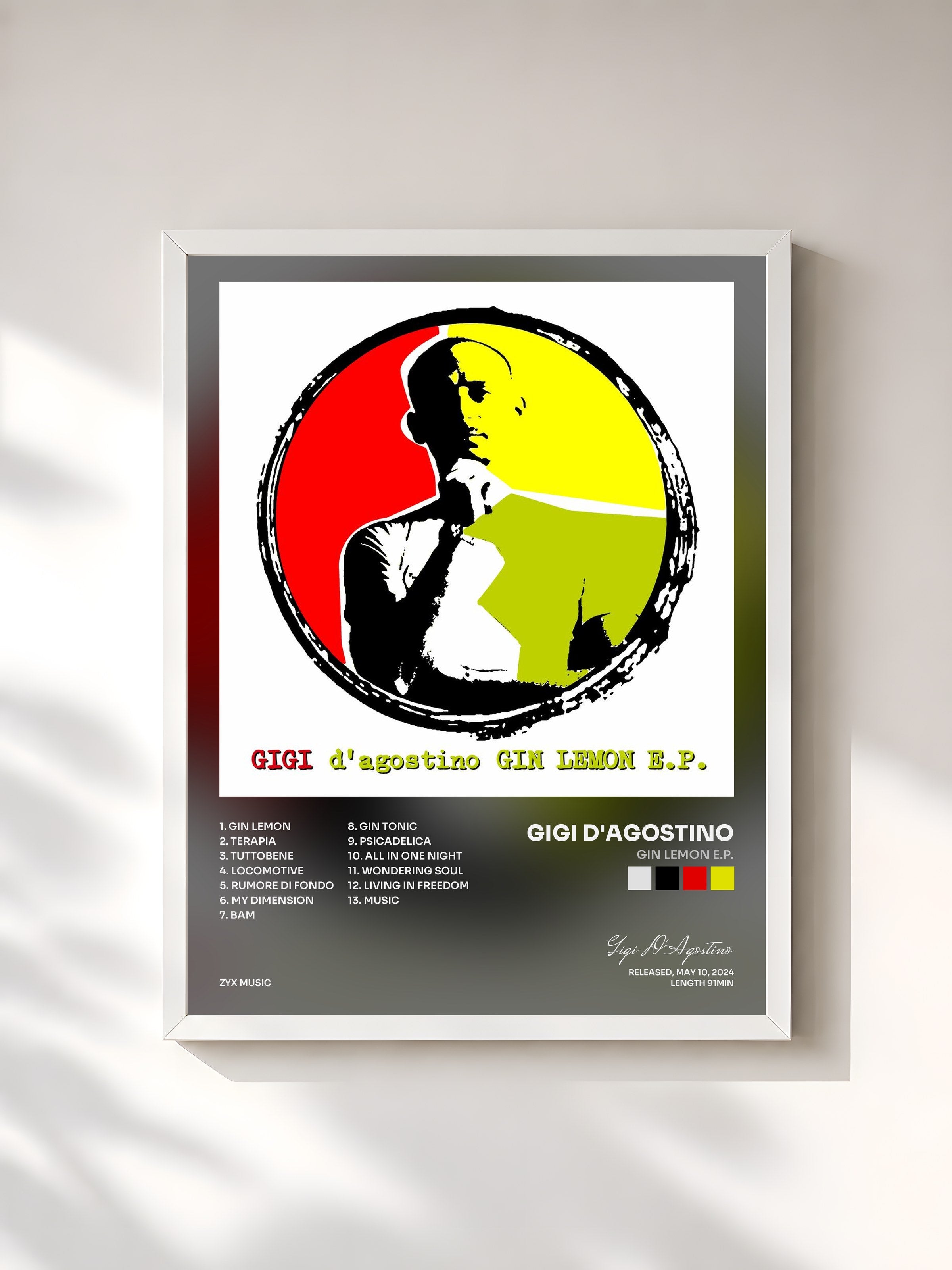 #blanc Tableau de l'album Gin Lemon E.P. de Gigi D'Agostino, cadre blanc, imprimé et encadré en France