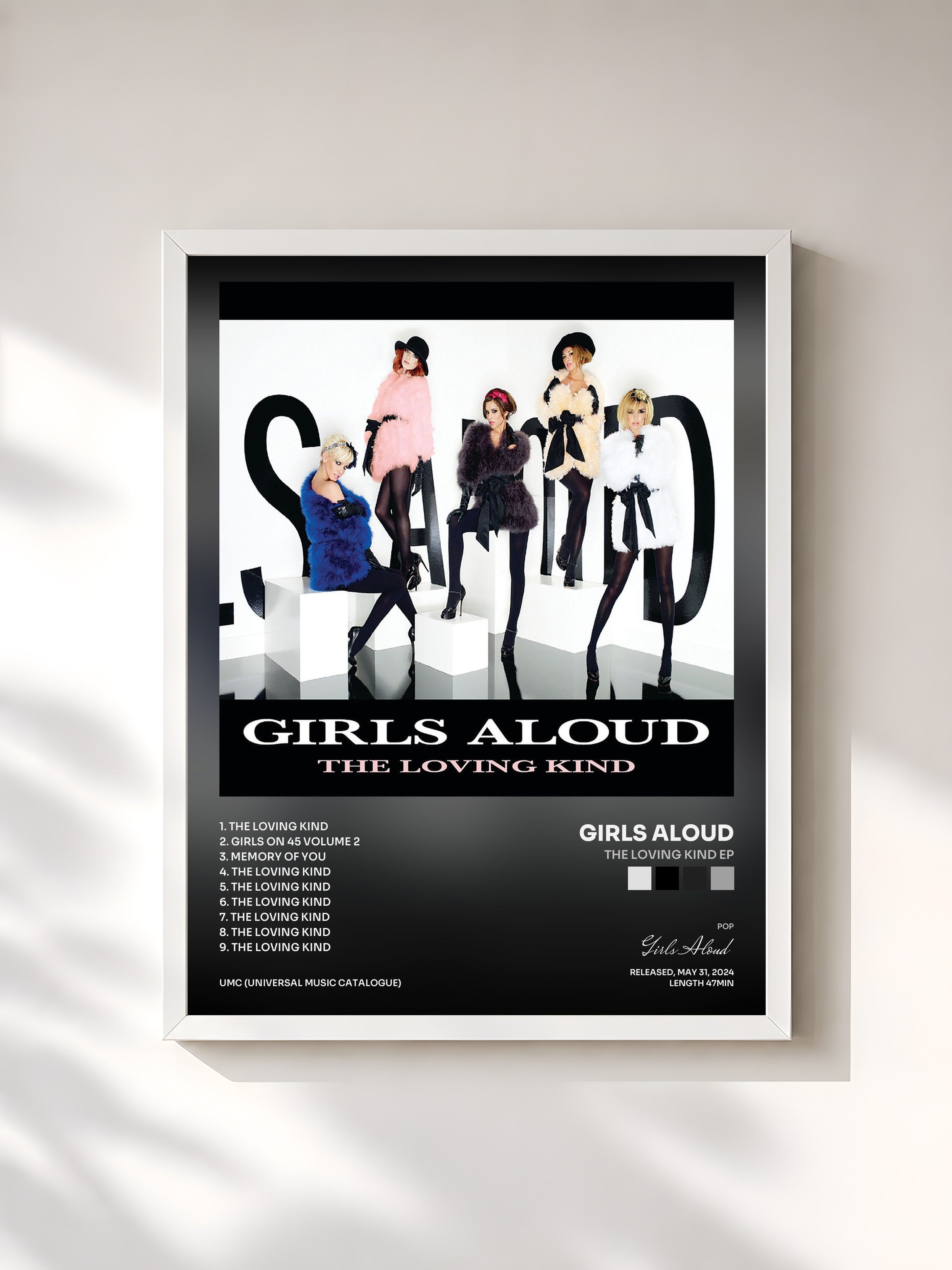#blanc Tableau de l'album The Loving Kind EP de Girls Aloud, cadre blanc, imprimé et encadré en France