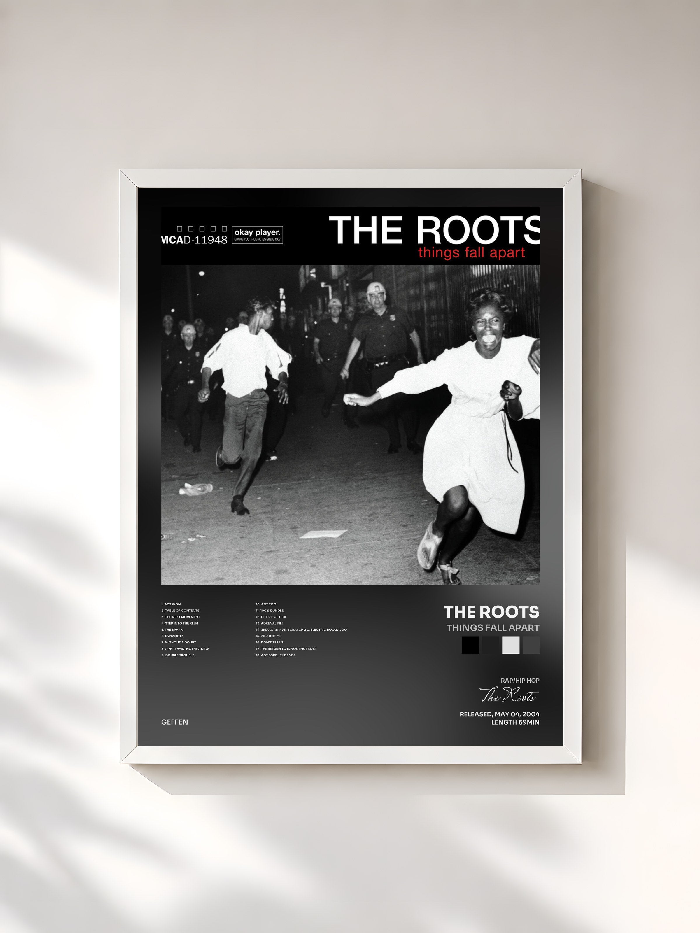 #blanc Tableau de l'album Things Fall Apart de The Roots, cadre blanc, imprimé et encadré en France