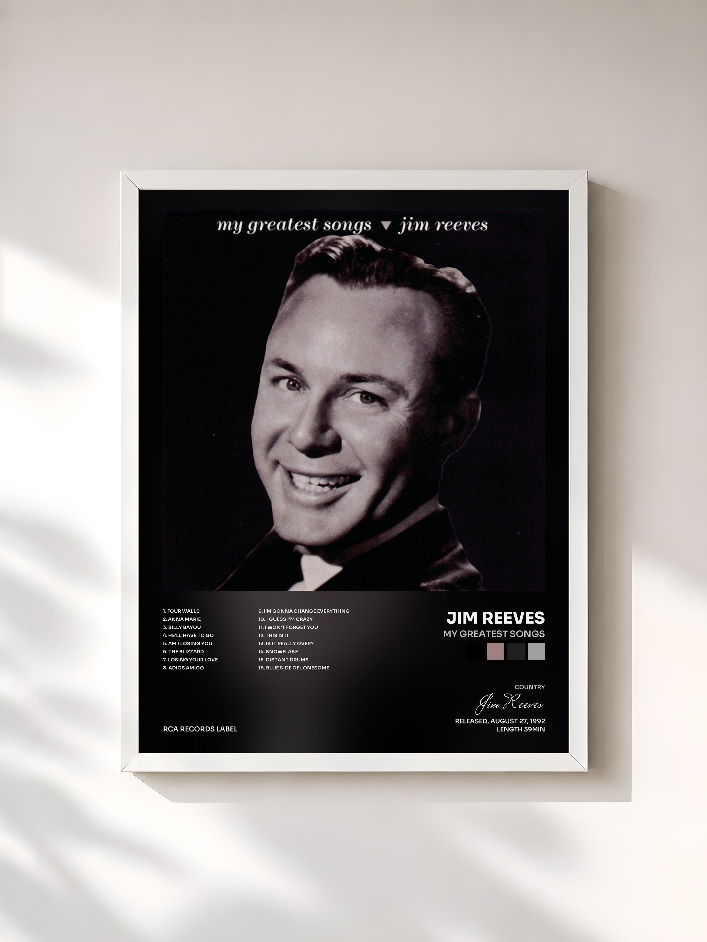 #blanc Tableau de l'album My Greatest Songs de Jim Reeves, cadre blanc, imprimé et encadré en France