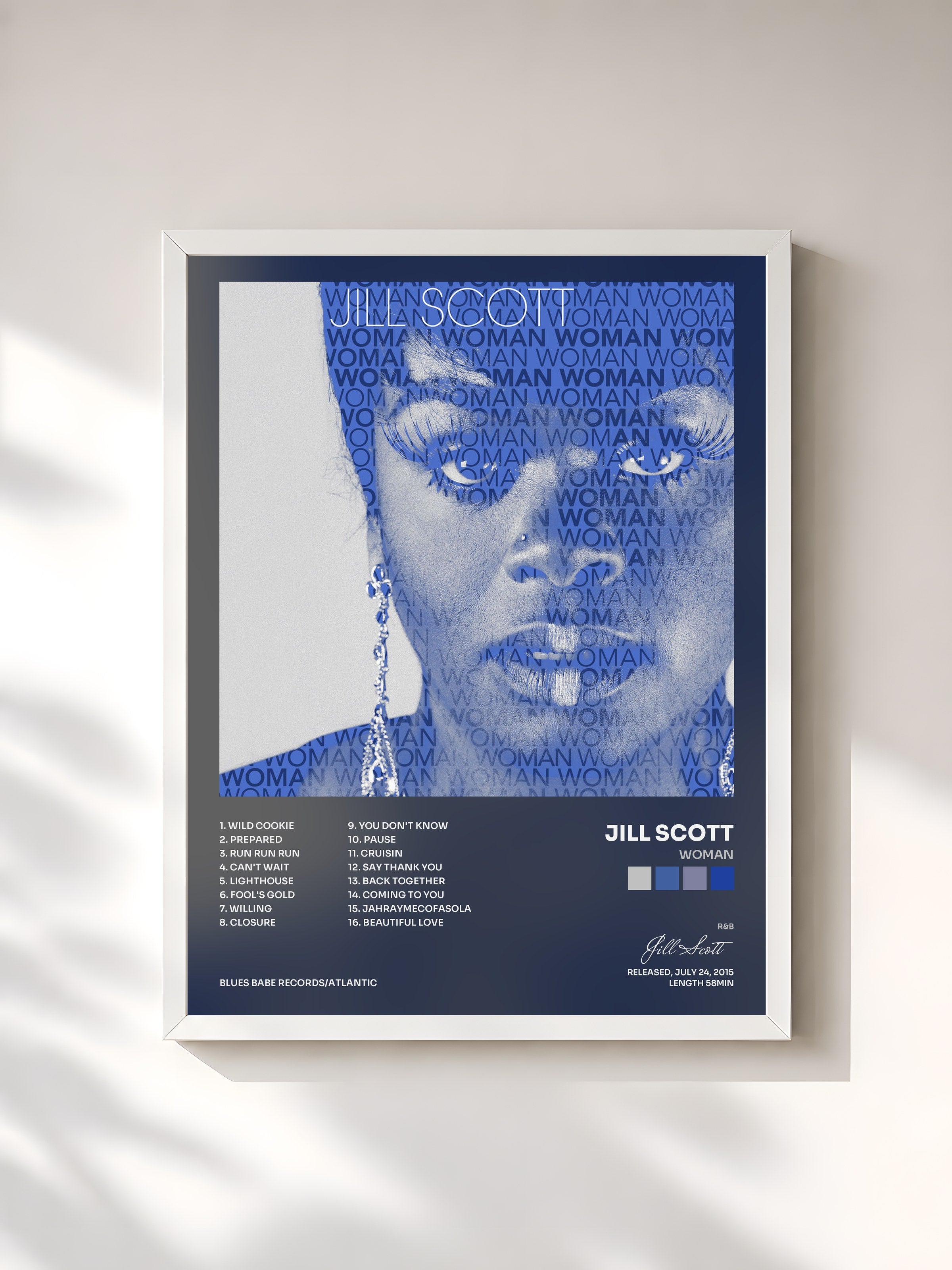 #blanc Tableau de l'album Woman de Jill Scott, cadre blanc, imprimé et encadré en France