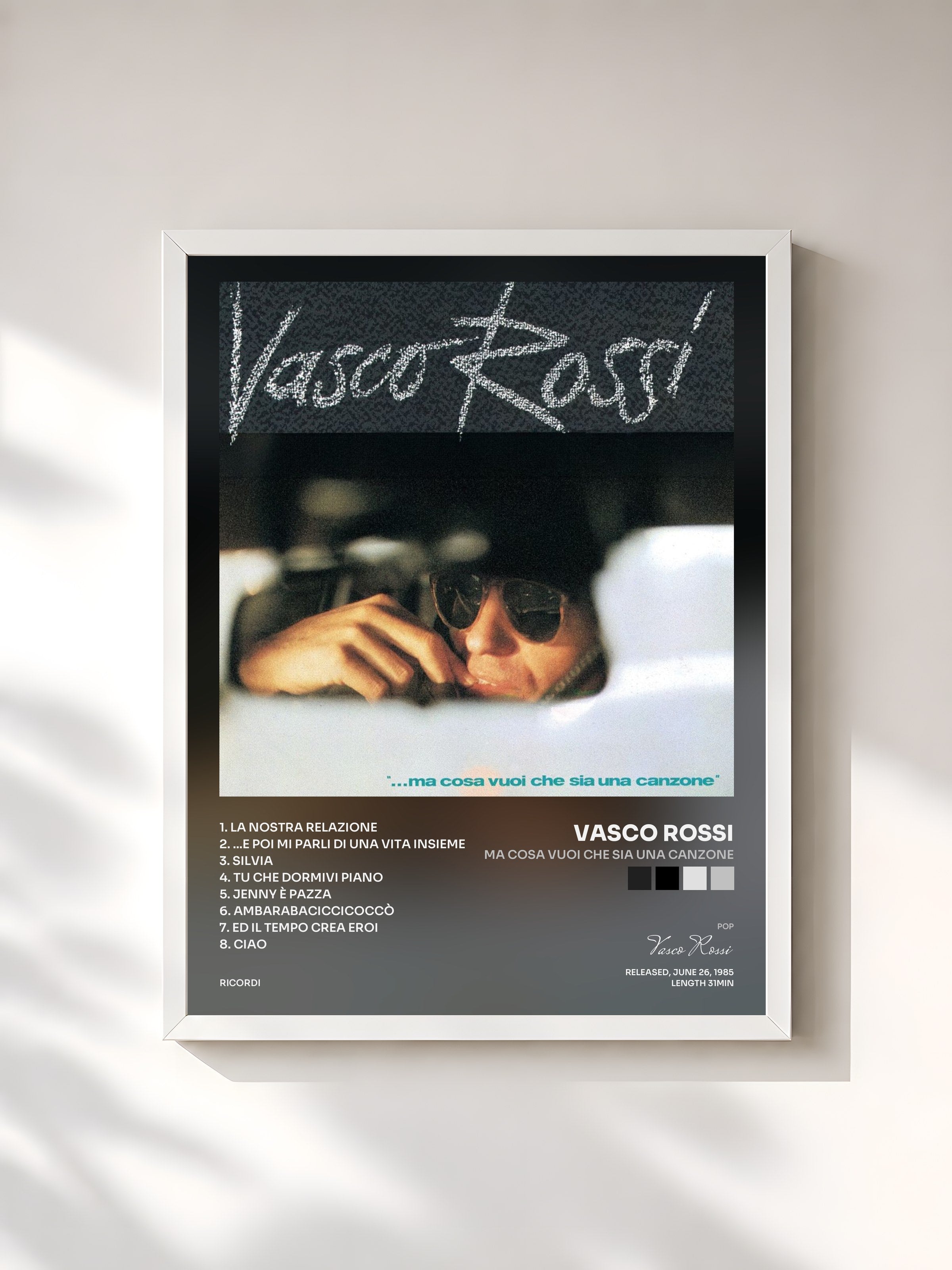 #blanc Tableau de l'album Ma Cosa Vuoi Che Sia Una Canzone de Vasco Rossi, cadre blanc, imprimé et encadré en France