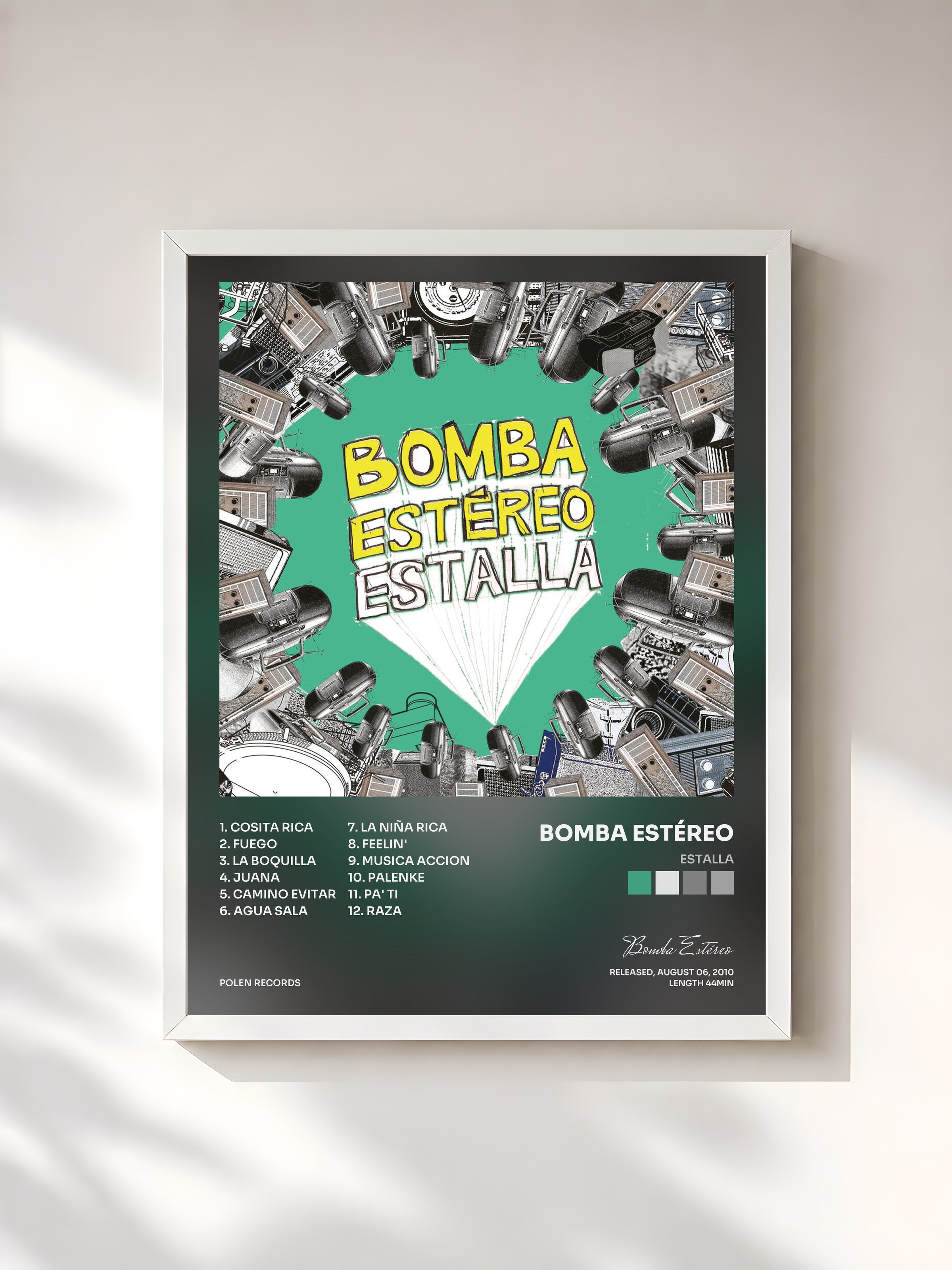 #blanc Tableau de l'album Estalla de Bomba Estéreo, cadre blanc, imprimé et encadré en France