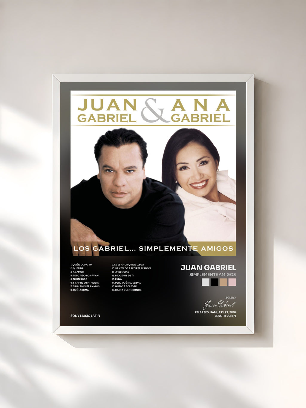 #blanc Tableau de l'album SIMPLEMENTE AMIGOS de Juan Gabriel, cadre blanc, imprimé et encadré en France