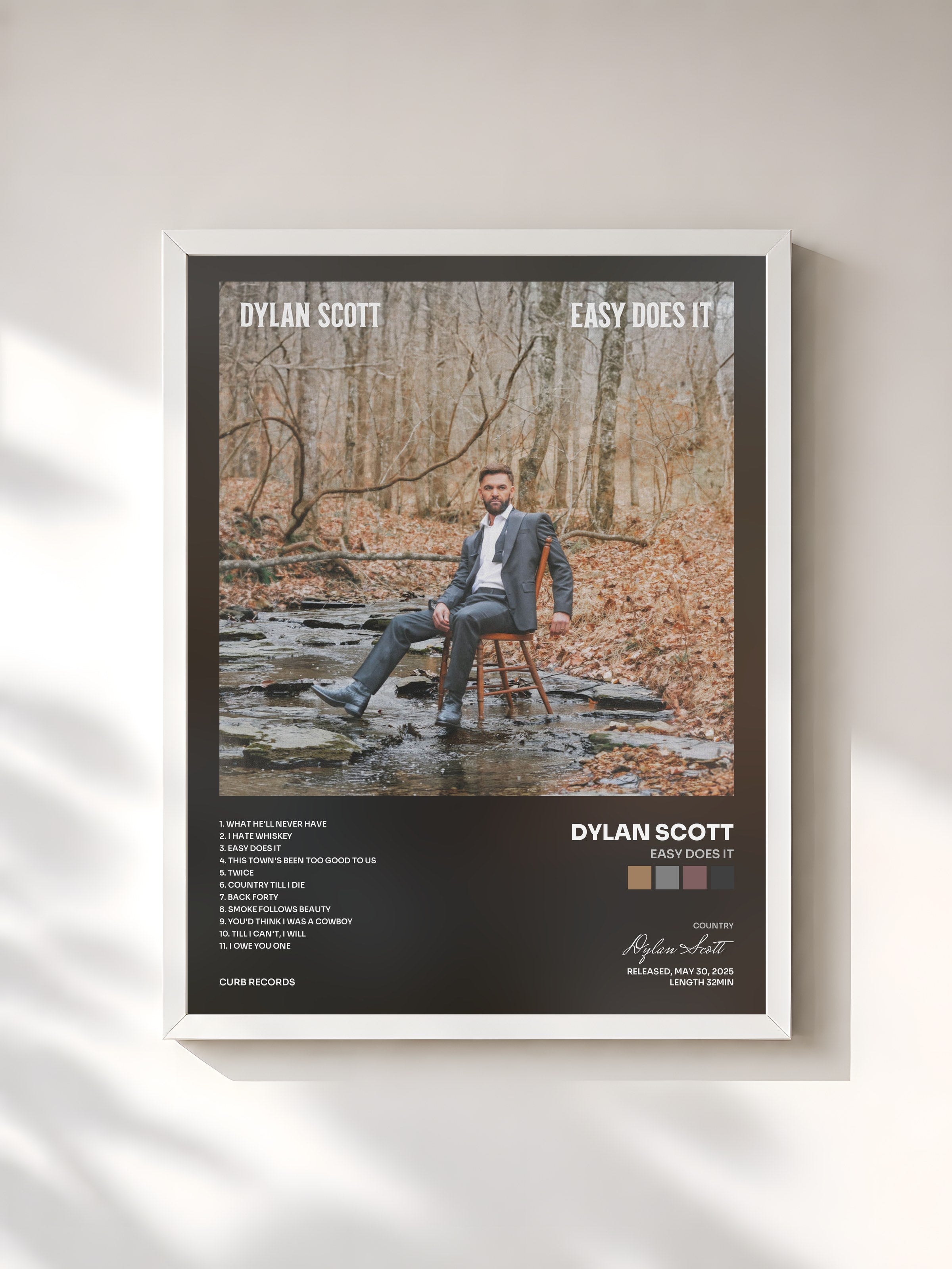 #blanc Tableau de l'album Easy Does It de Dylan Scott, cadre blanc, imprimé et encadré en France