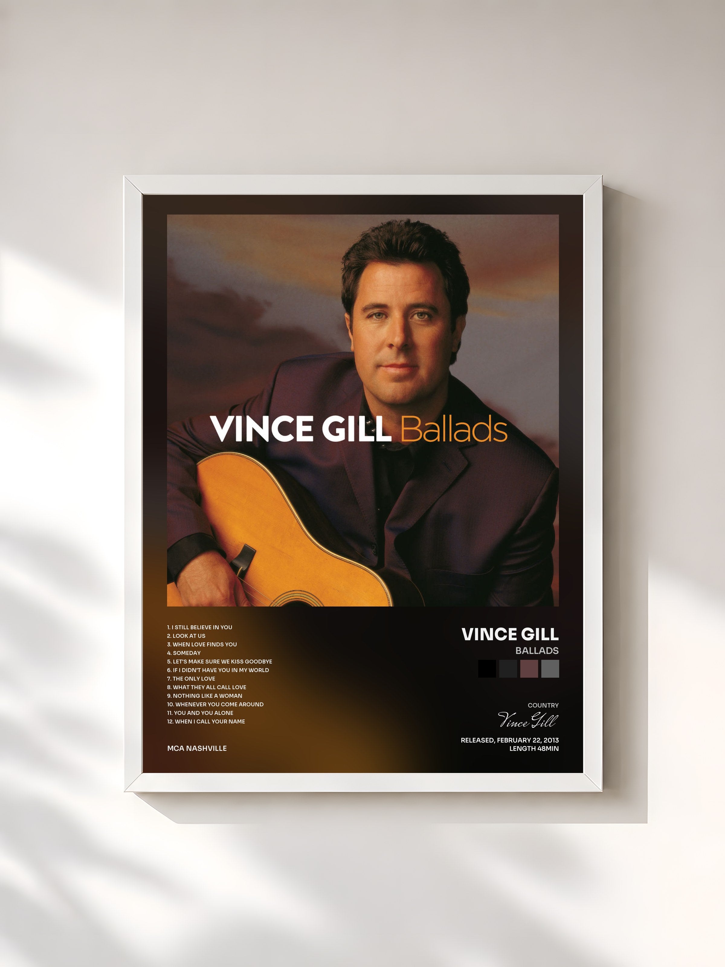 #blanc Tableau de l'album Ballads de Vince Gill, cadre blanc, imprimé et encadré en France