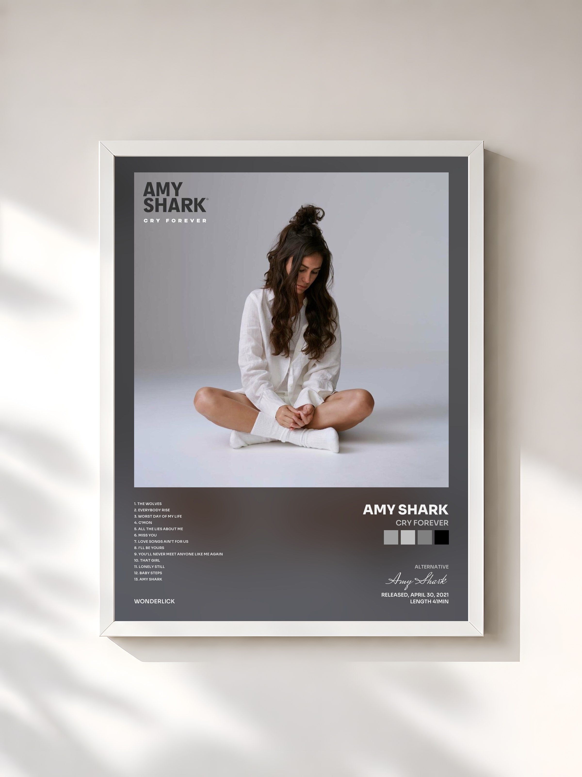 #blanc Tableau de l'album Cry Forever de Amy Shark, cadre blanc, imprimé et encadré en France