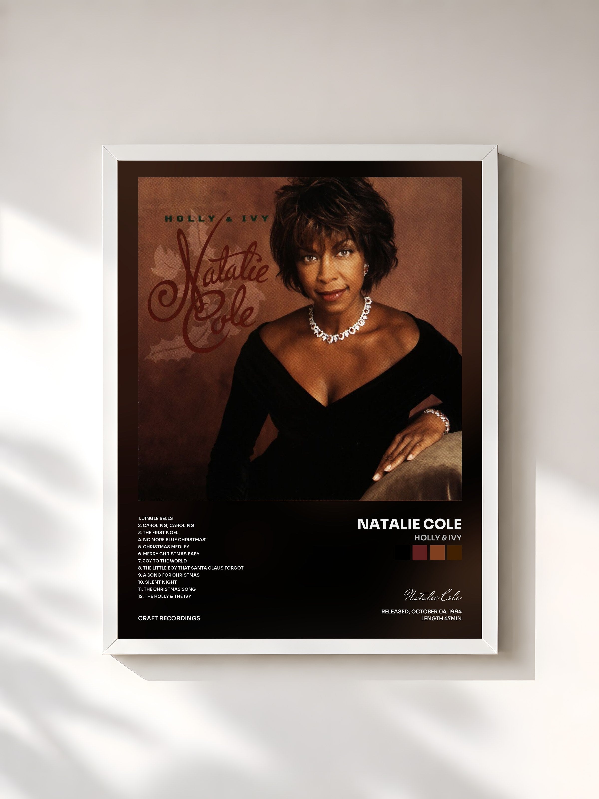 #blanc Tableau de l'album Holly & Ivy de Natalie Cole, cadre blanc, imprimé et encadré en France