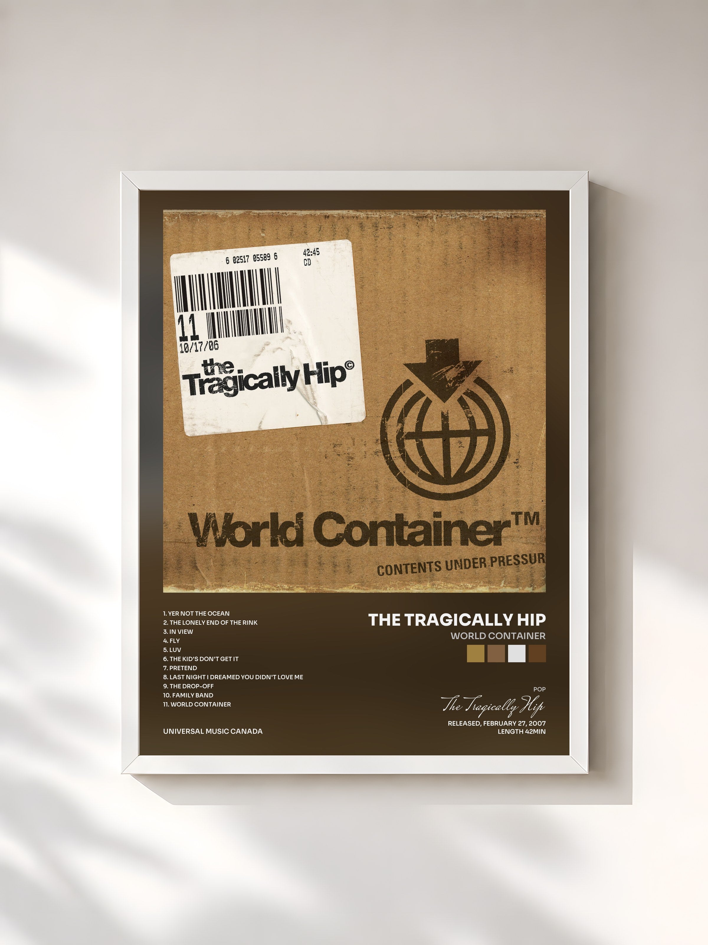 #blanc Tableau de l'album World Container de The Tragically Hip, cadre blanc, imprimé et encadré en France