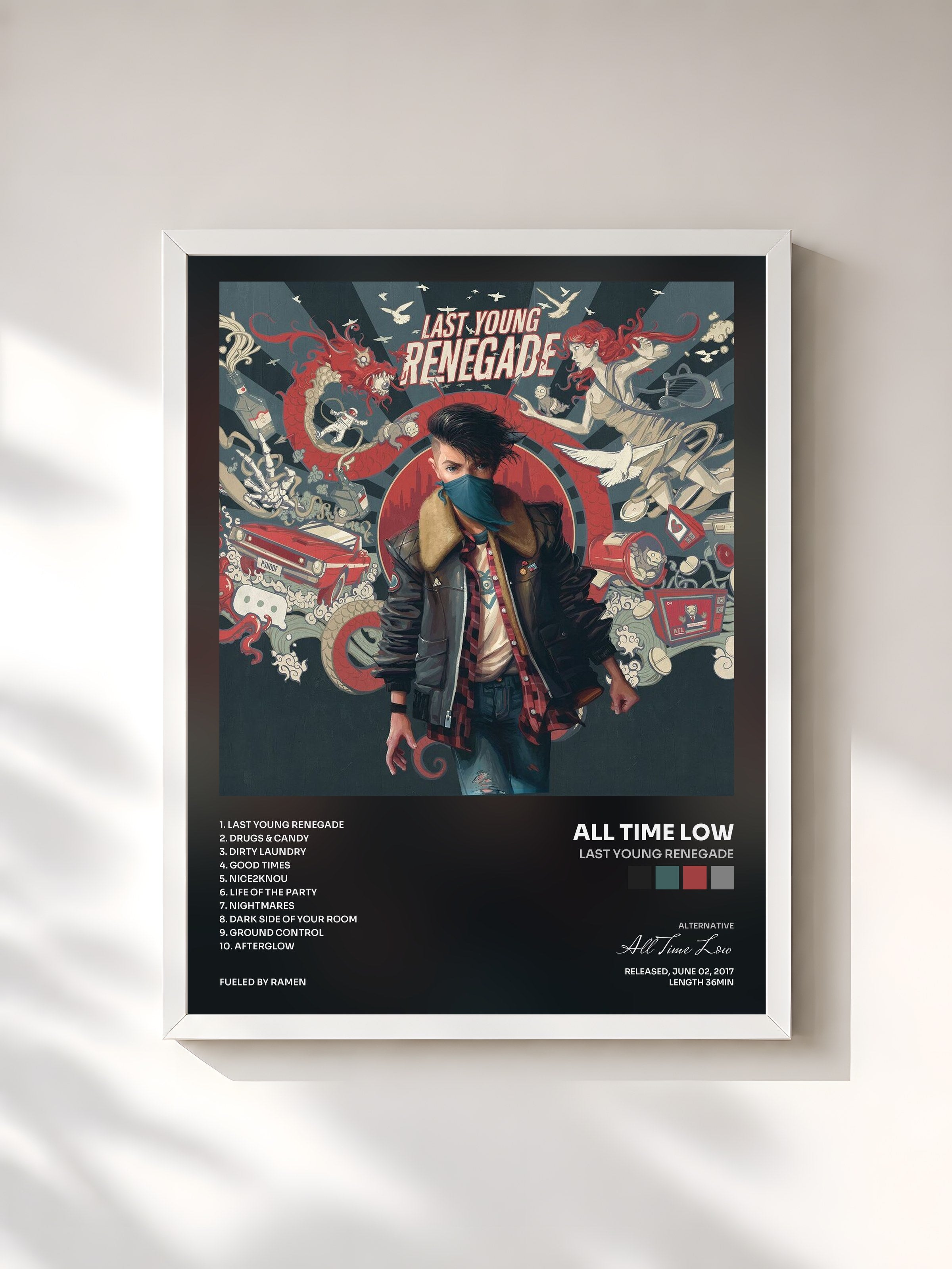 #blanc Tableau de l'album Last Young Renegade de All Time Low, cadre blanc, imprimé et encadré en France