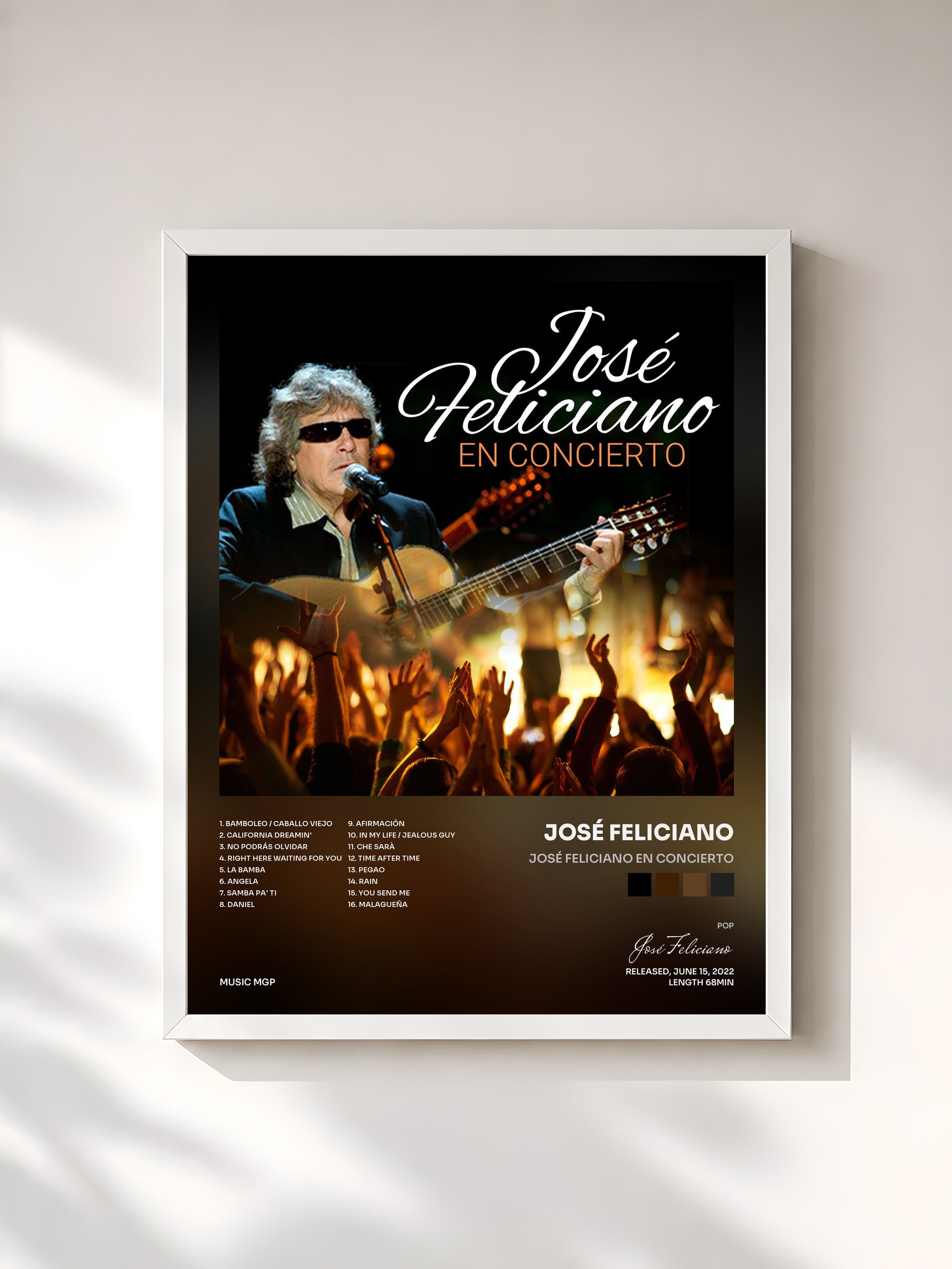 #blanc Tableau de l'album José Feliciano En Concierto de José Feliciano, cadre blanc, imprimé et encadré en France